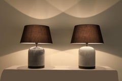 Post-Modern Pair of Black & White Speckled Ceramic Lamps with Brown Shades
