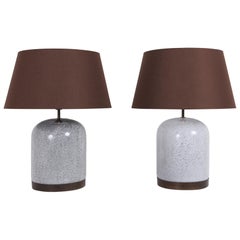 Post-Modern Pair of Black & White Speckled Ceramic Lamps with Brown Shades