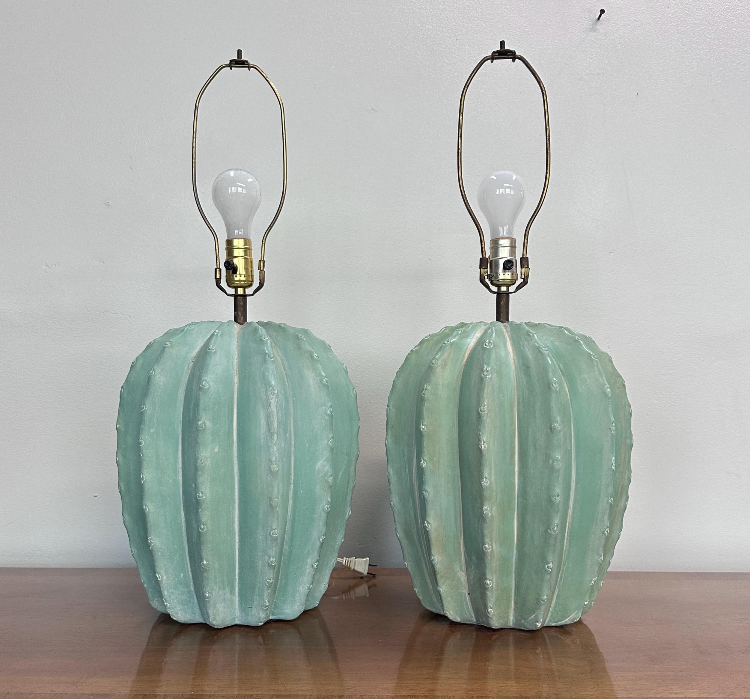 Pair of plaster cactus table lamps by Bon Art, these lamps will lend an eclectic air to any project.