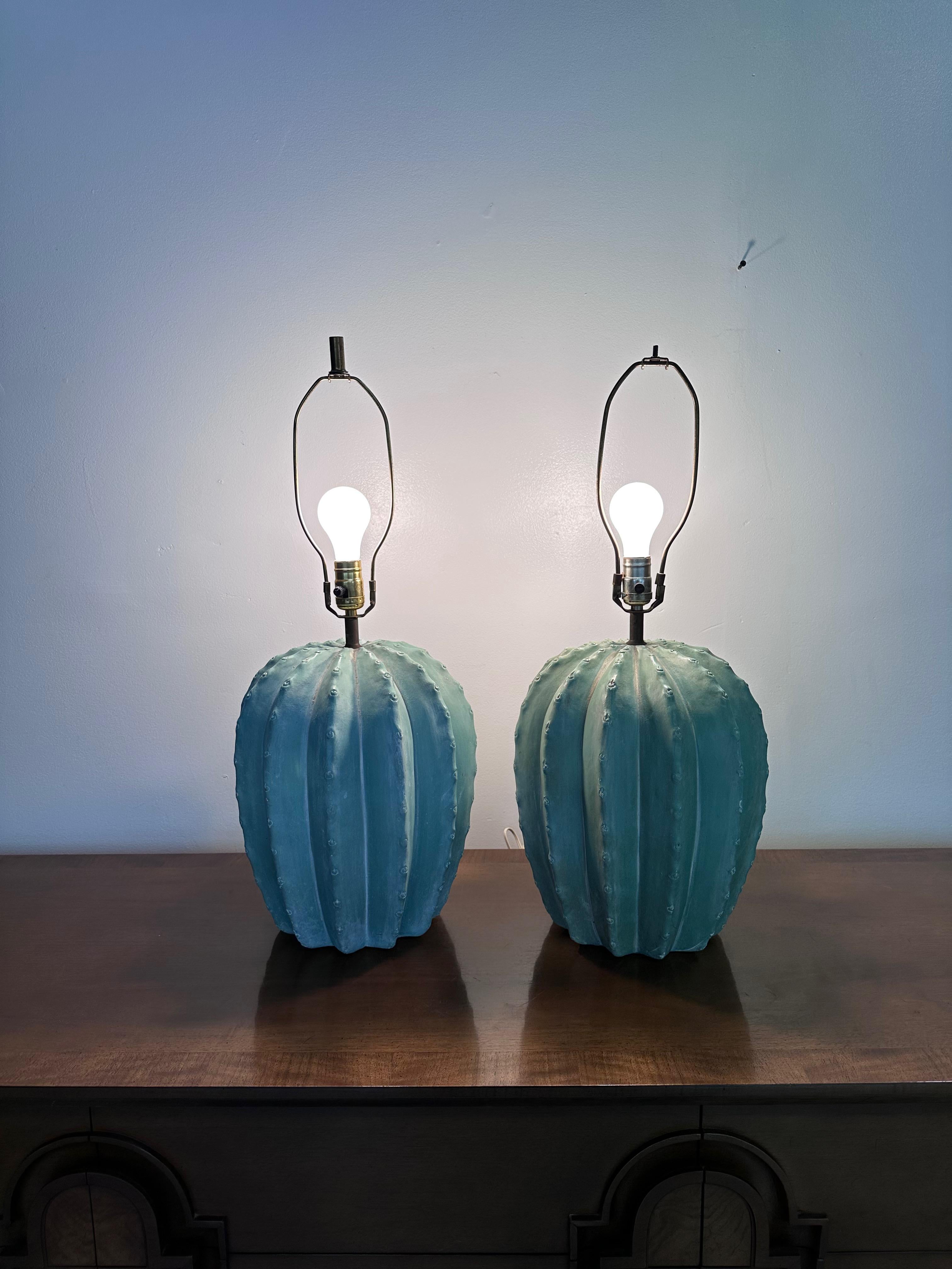 Post Modern Pair of Bon Art Cactus Plaster Table Lamps Southwestern Style In Good Condition For Sale In Philadelphia, PA