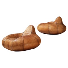 Post-Modern Pair of Bulbous Shaped Lounge Chairs in Cognac Leather
