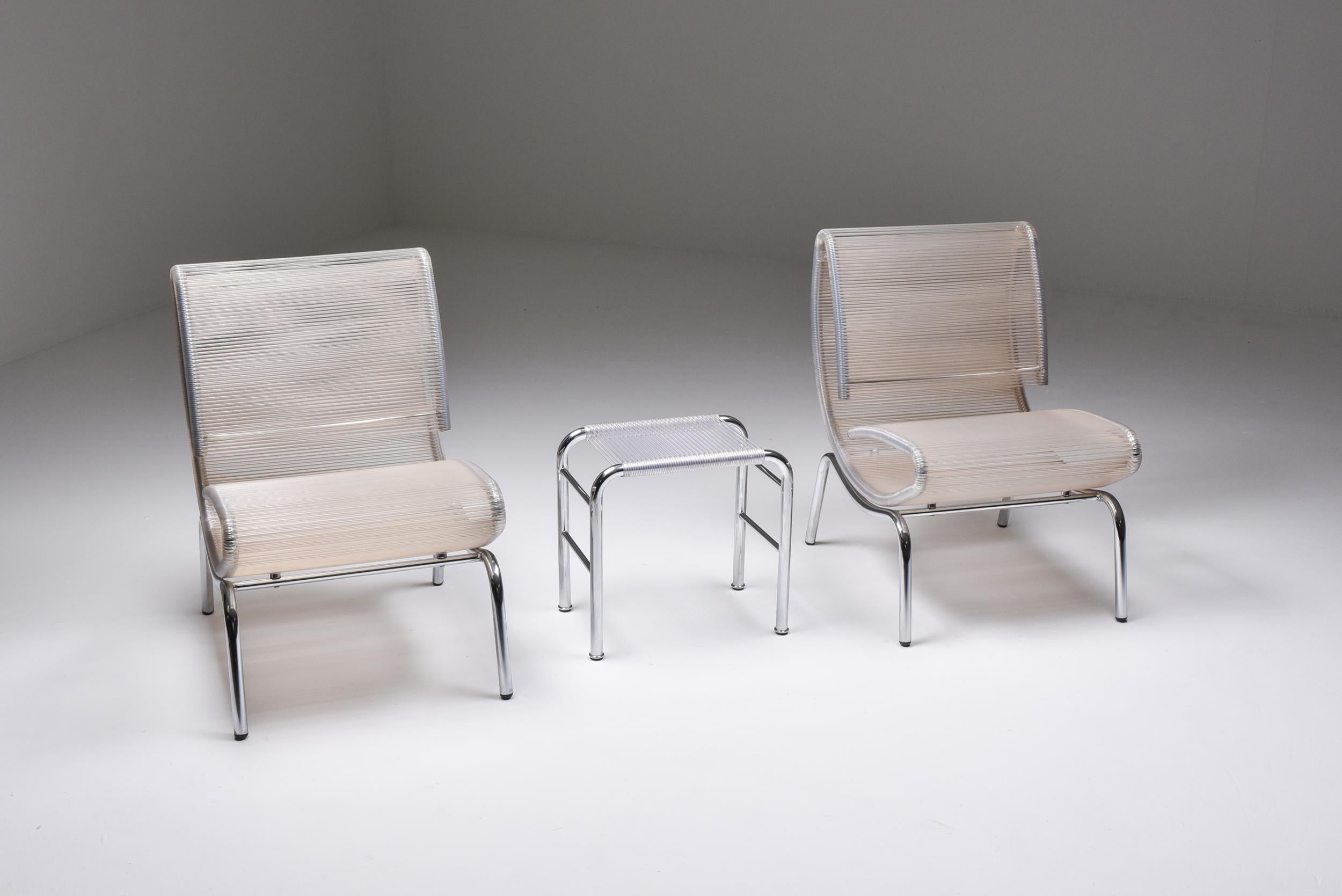 Mid-20th Century Post-Modern Pair of Easy Chairs in Chrome & Plastic Wire, 1960s For Sale
