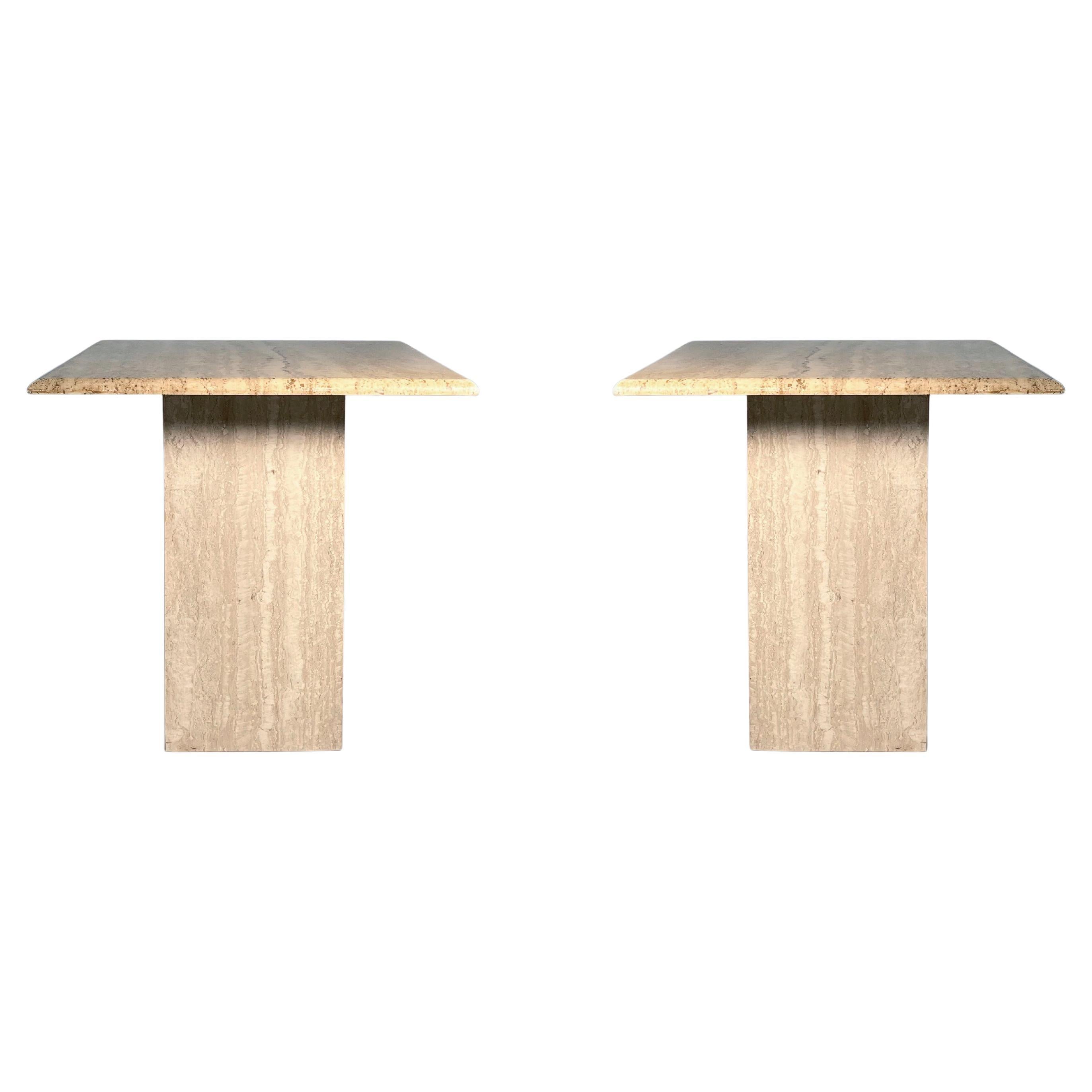 Post Modern Pair of Italian Travertine Pedestal End / Side Tables For Sale