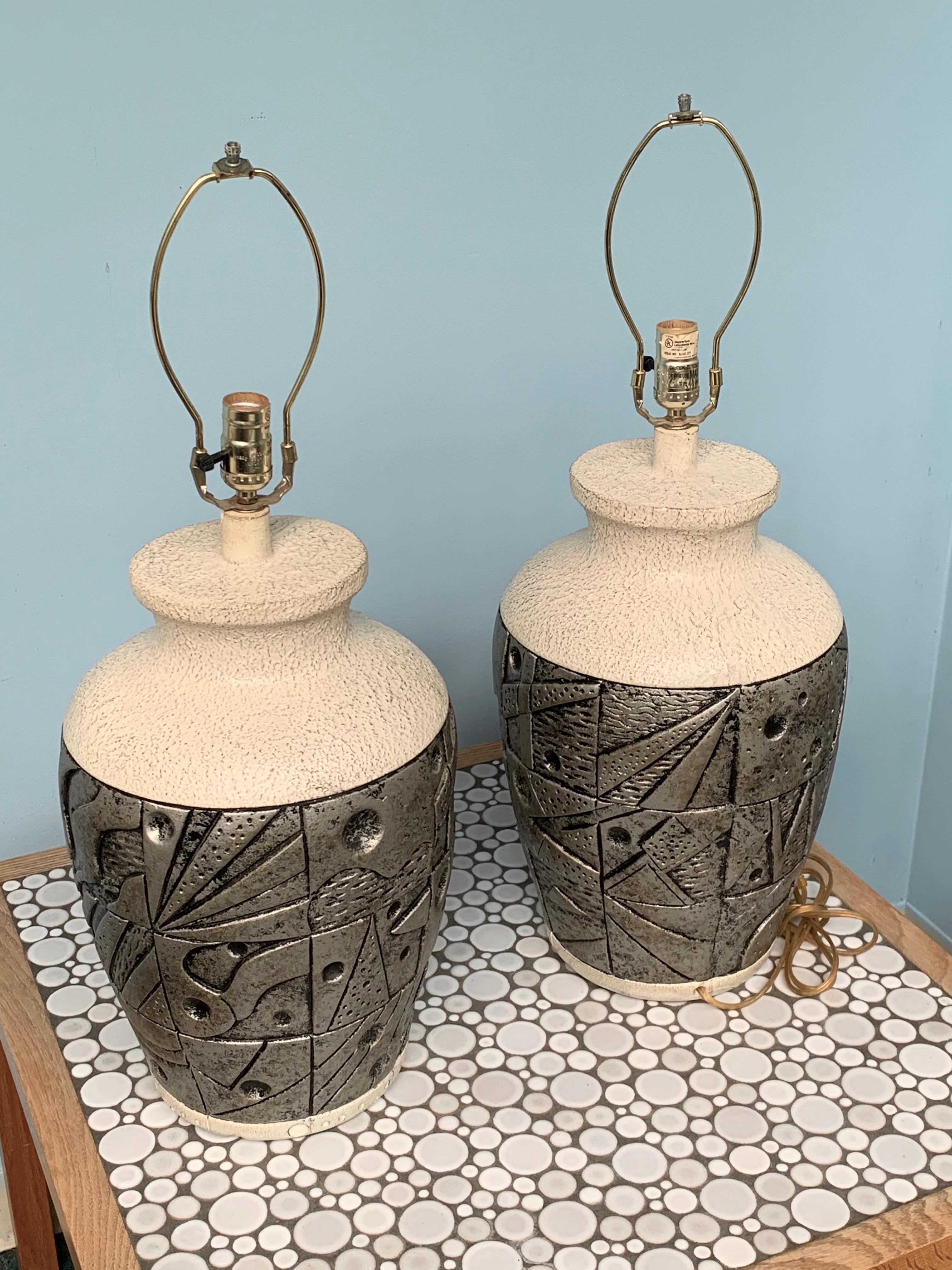 Post-Modern Postmodern Pair of Lamps with Sculptural Relief in Silver and Blacks