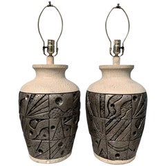 Postmodern Pair of Lamps with Sculptural Relief in Silver and Blacks