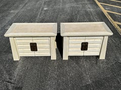 Post Modern Pair of Pencil Reed & Travertine Pagoda Commodes