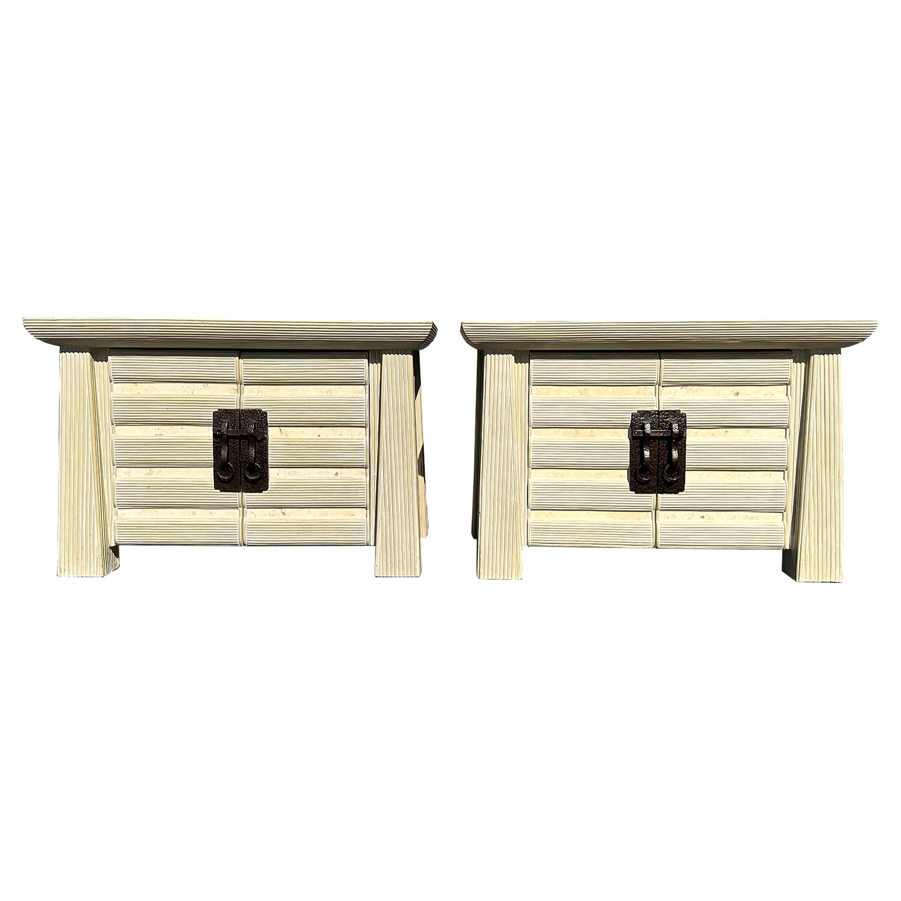 Post Modern Pair of Pencil Reed & Travertine Pagoda Commodes For Sale