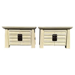 Used Post Modern Pair of Pencil Reed & Travertine Pagoda Commodes