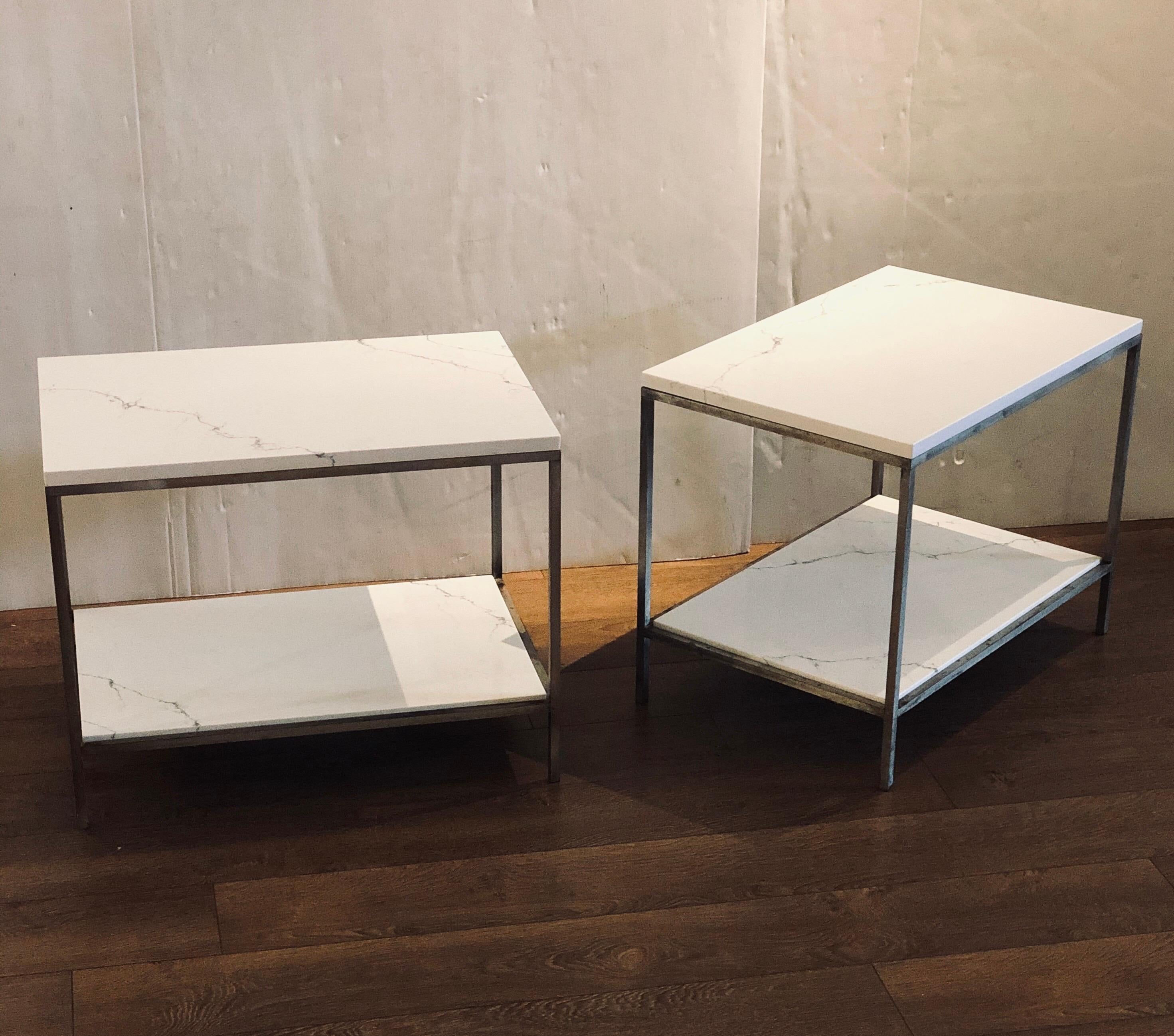 American Postmodern Pair of Solid Italian Marble with Steel Frames End Tables