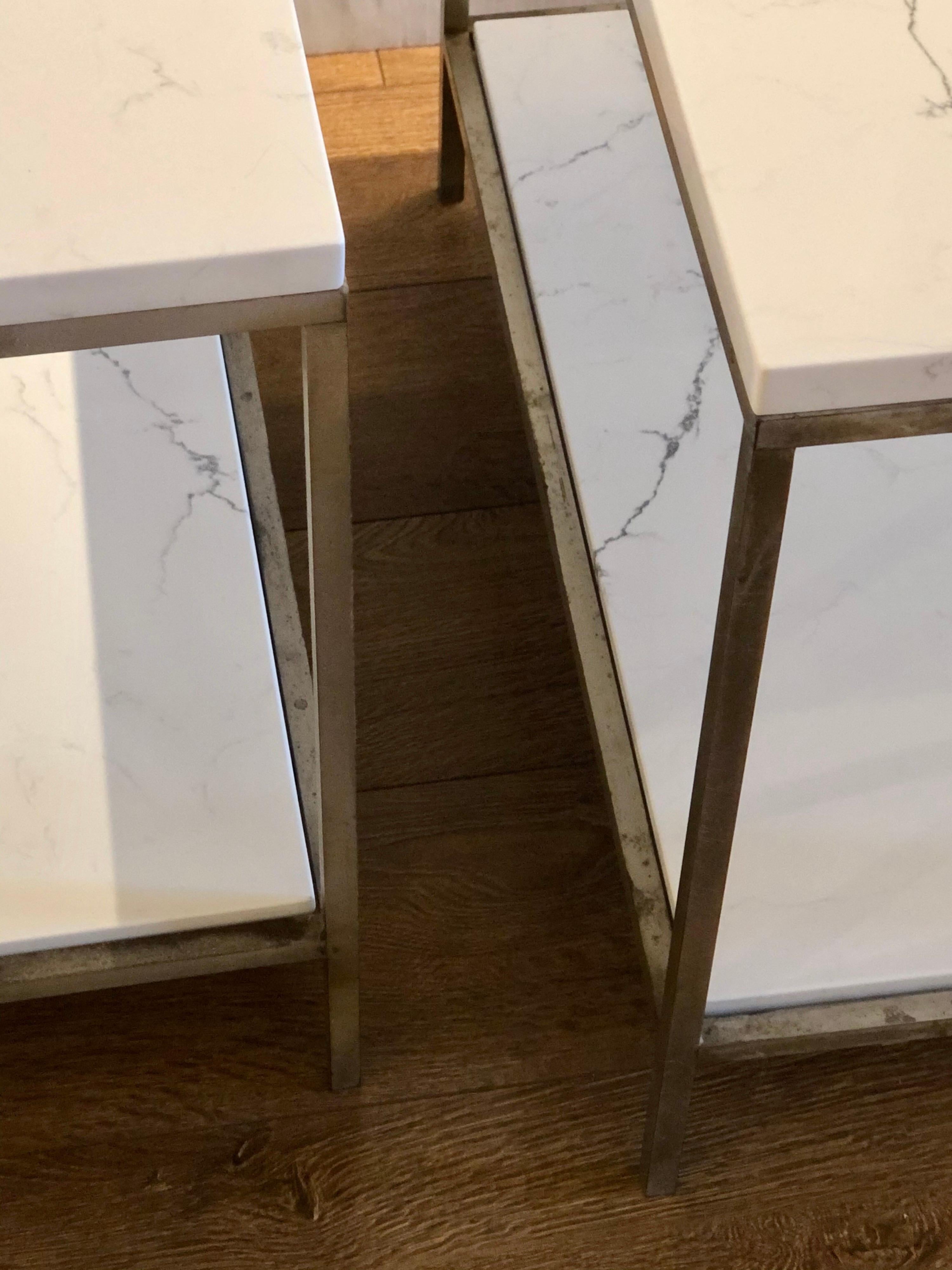 Postmodern Pair of Solid Italian Marble with Steel Frames End Tables 1
