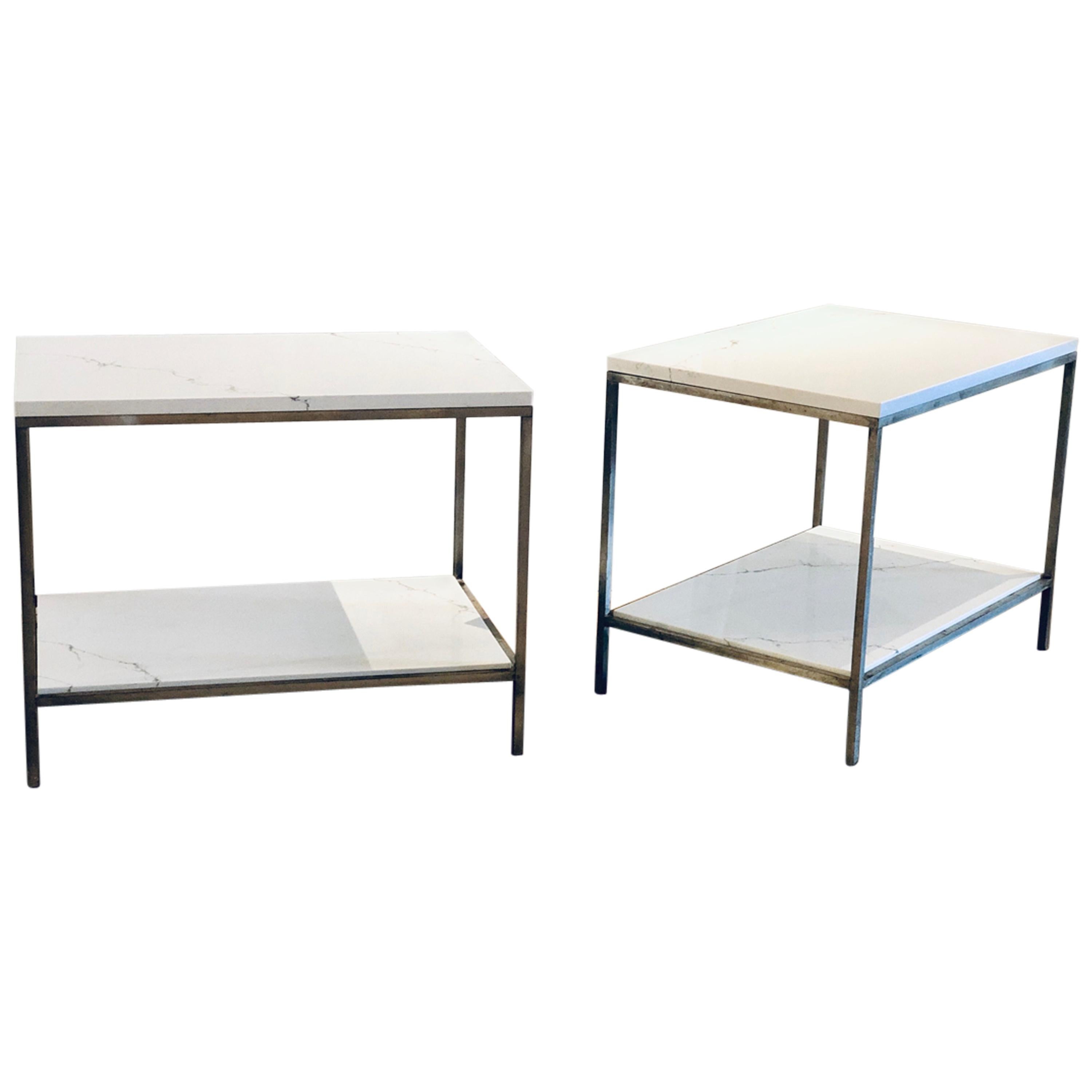Postmodern Pair of Solid Italian Marble with Steel Frames End Tables