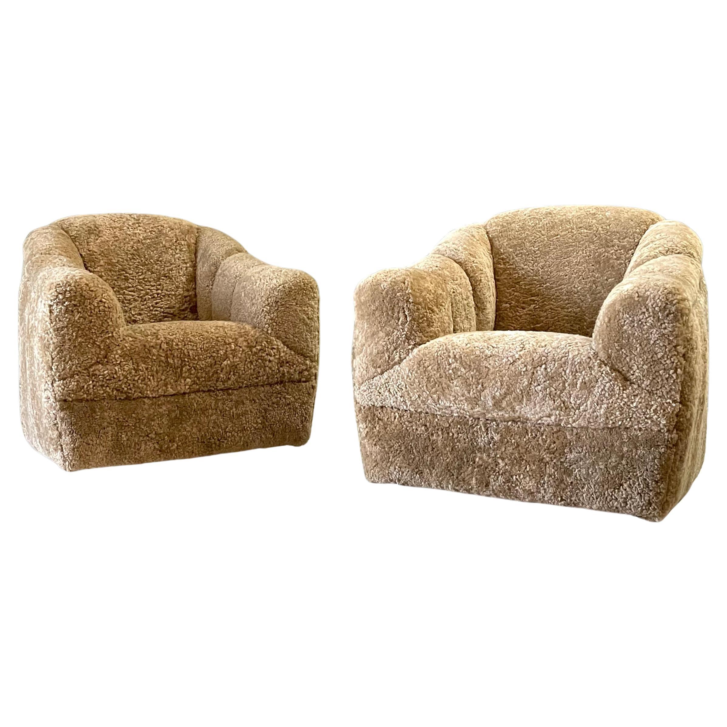 Post Modern Pair Sheepskin Swivel Chairs- Shearling Channel Back Milo Baughman
