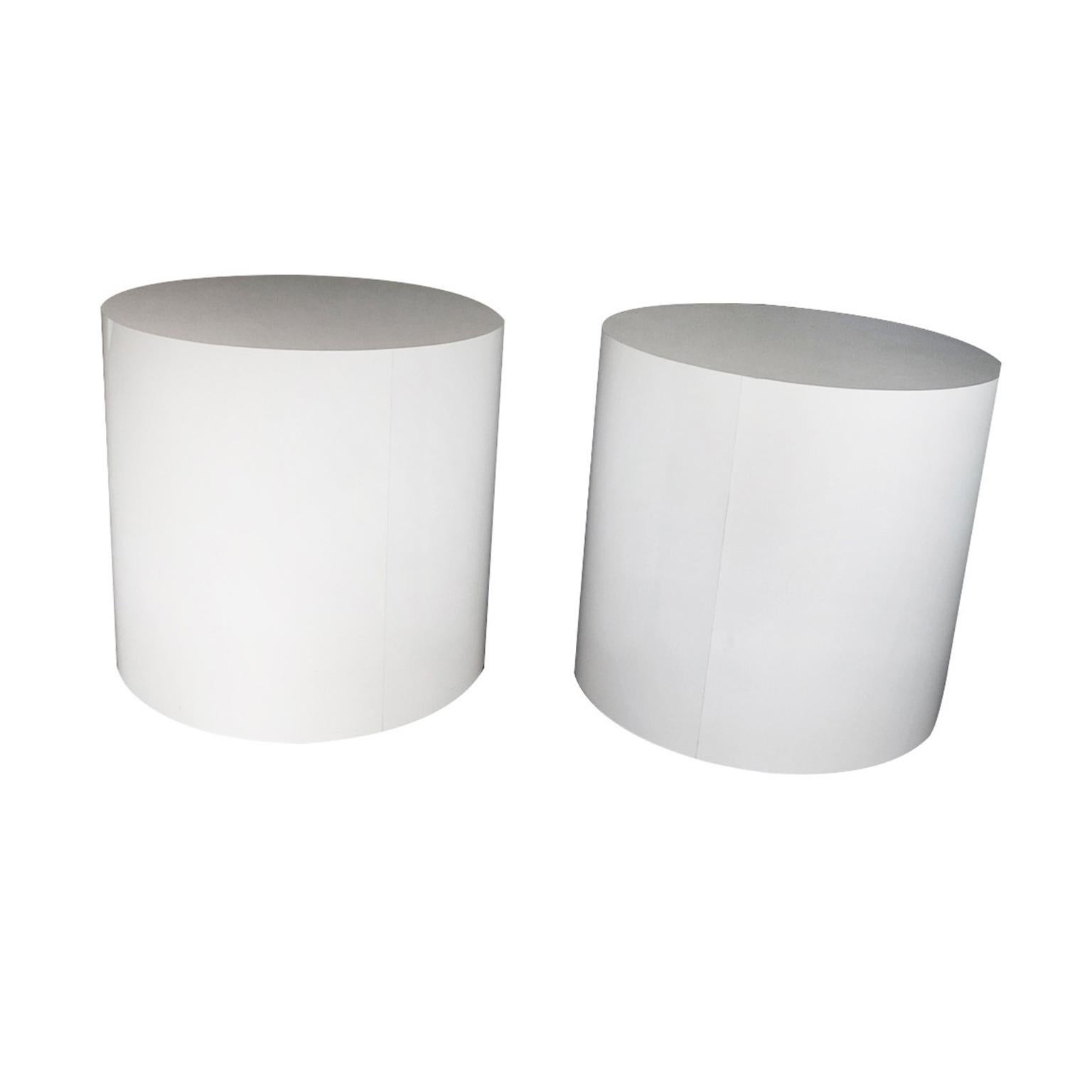 Late 20th Century Postmodern Pair of White Laminate Cylindrical Pedestal Side Tables