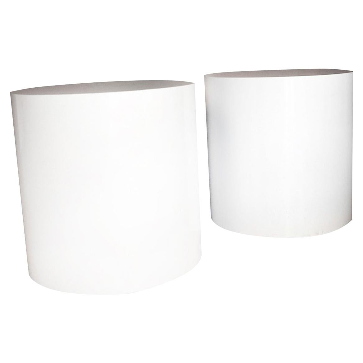 Postmodern Pair of White Laminate Cylindrical Pedestal Side Tables
