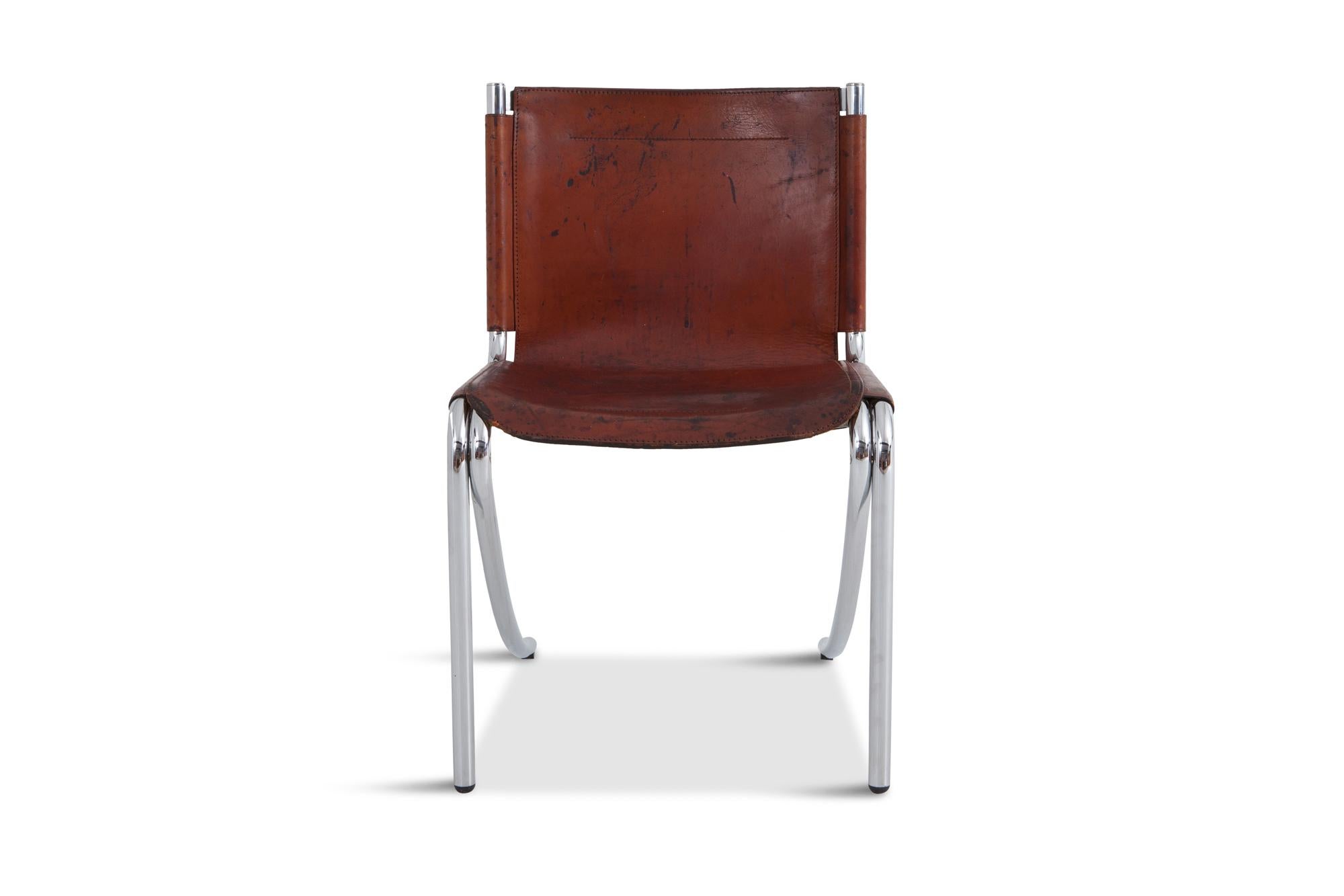 Acerbis Italy manufactured these 'Jot' chairs designed by Giotto Stoppino.

Stunning patina on the leather adds tons of character on these oxblood leather chairs.
The chrome frame is also still in really good condition.

We have four pieces
