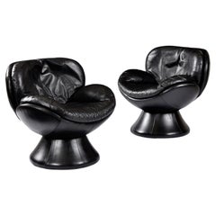  Post-Modern Pedestal Base Black Leather Swivel Pod Chairs by Jaymar of Canada