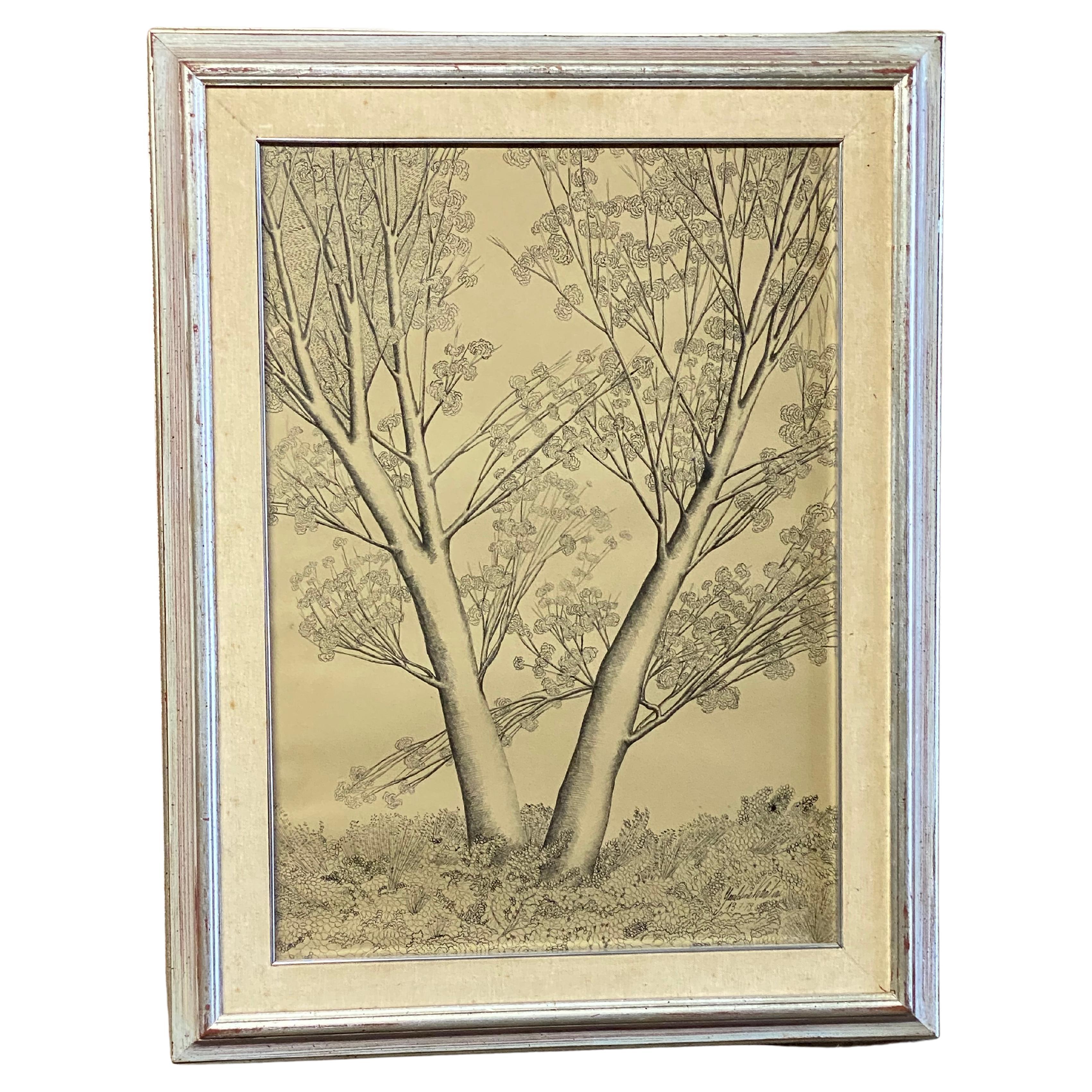 Signed Geraldine Valentini and dated 1979. Pen and ink Post-Modern drawing on paper. Modernist rendition of two sprawling limb trees. Labor intensive and intricately hand drawn work on paper. 

Framed in a silver gilt wood molding with a linen