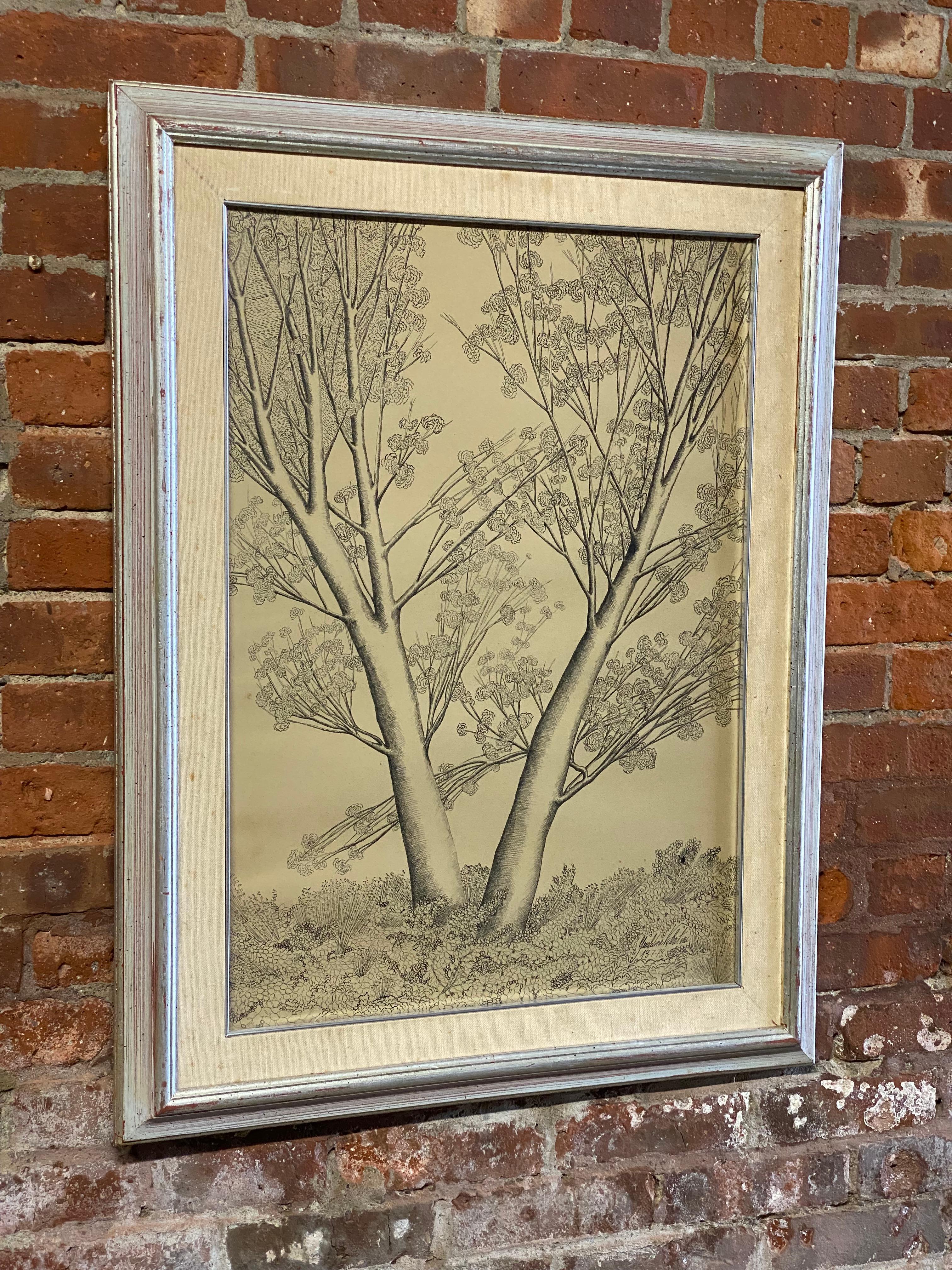 Italian Post-Modern Pen and Ink Tree Illustration by Geraldine Valentini, 1979 For Sale