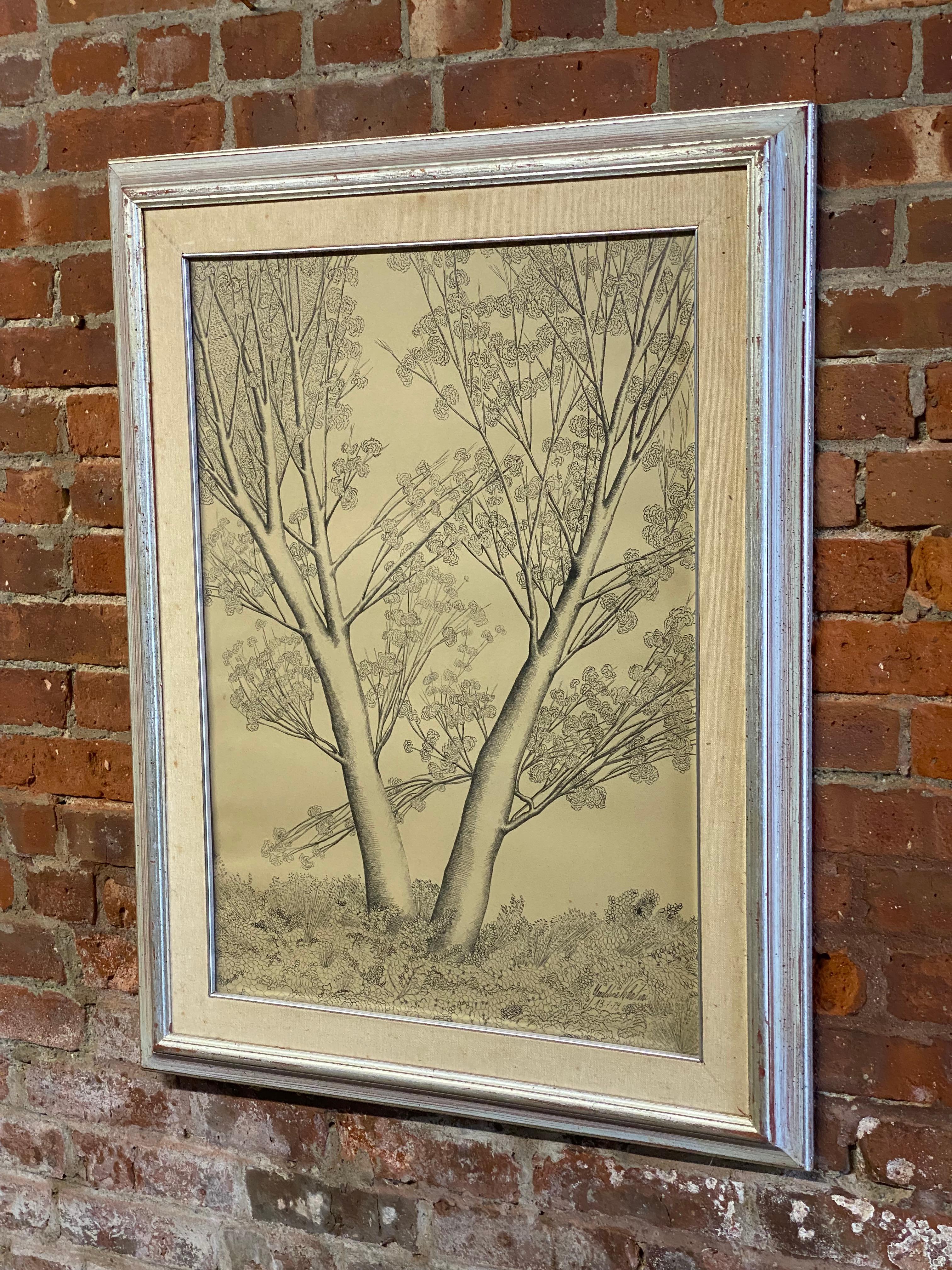 Hand-Crafted Post-Modern Pen and Ink Tree Illustration by Geraldine Valentini, 1979 For Sale