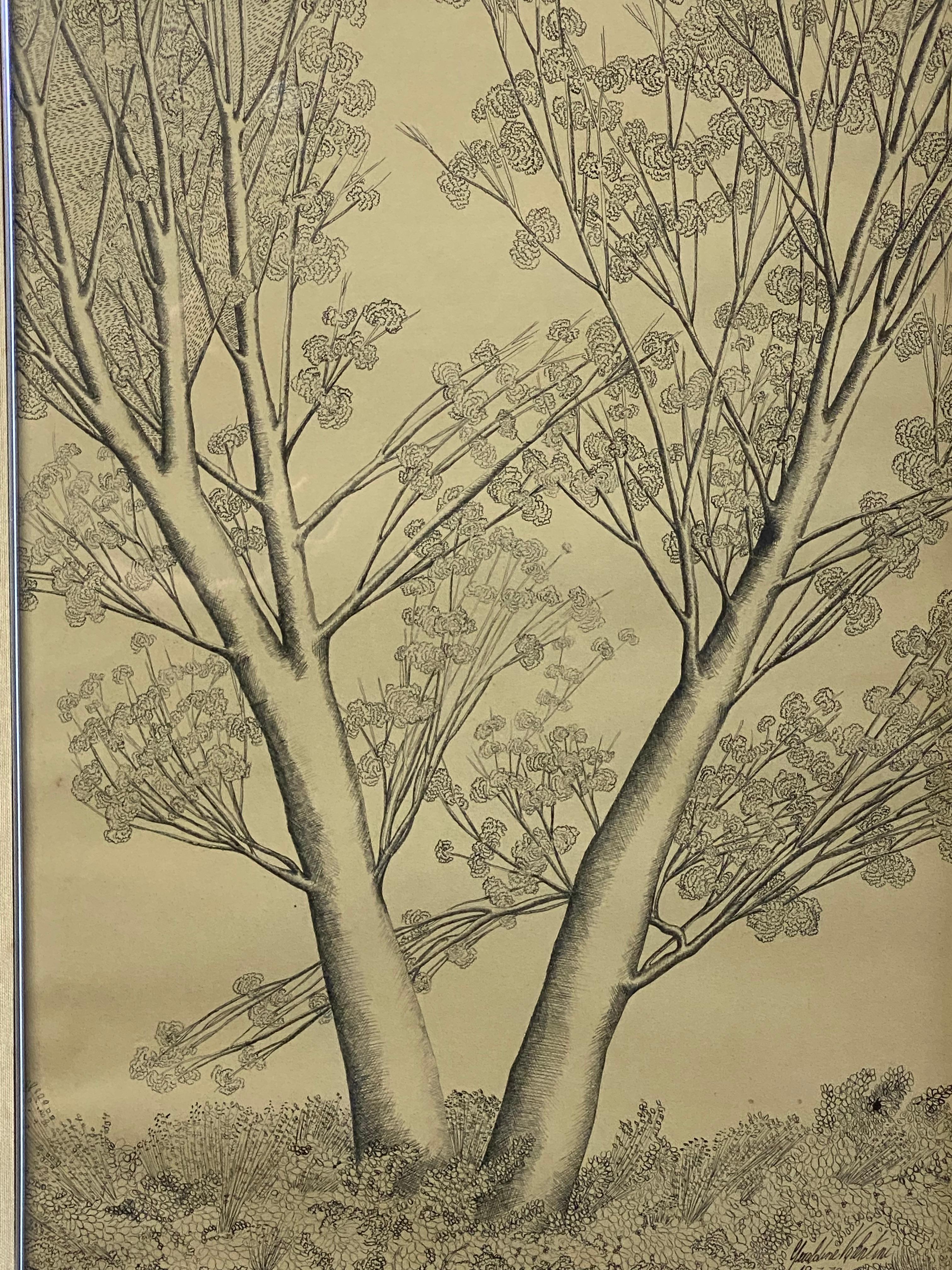 Post-Modern Pen and Ink Tree Illustration by Geraldine Valentini, 1979 In Good Condition For Sale In Garnerville, NY