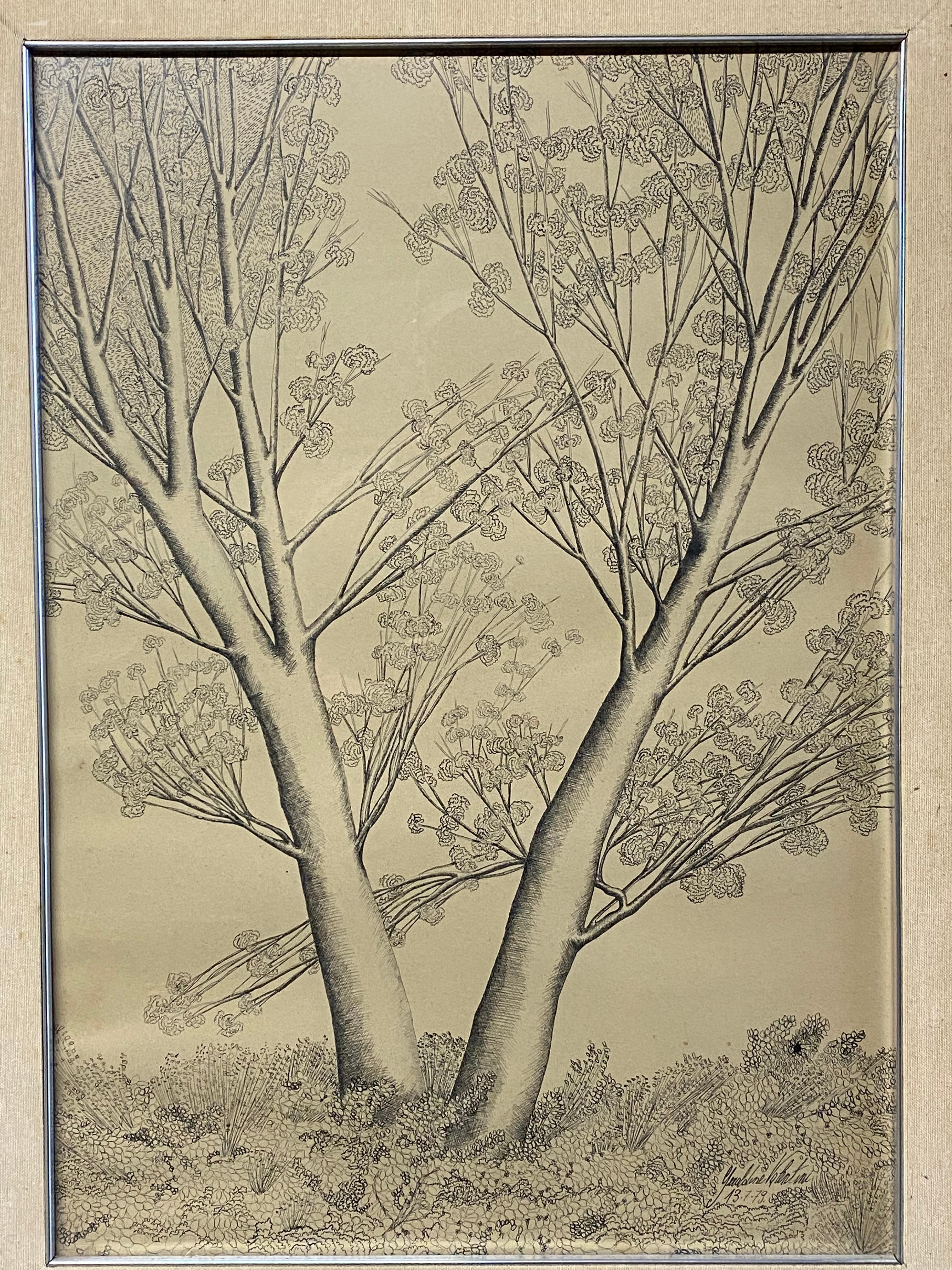 Late 20th Century Post-Modern Pen and Ink Tree Illustration by Geraldine Valentini, 1979 For Sale