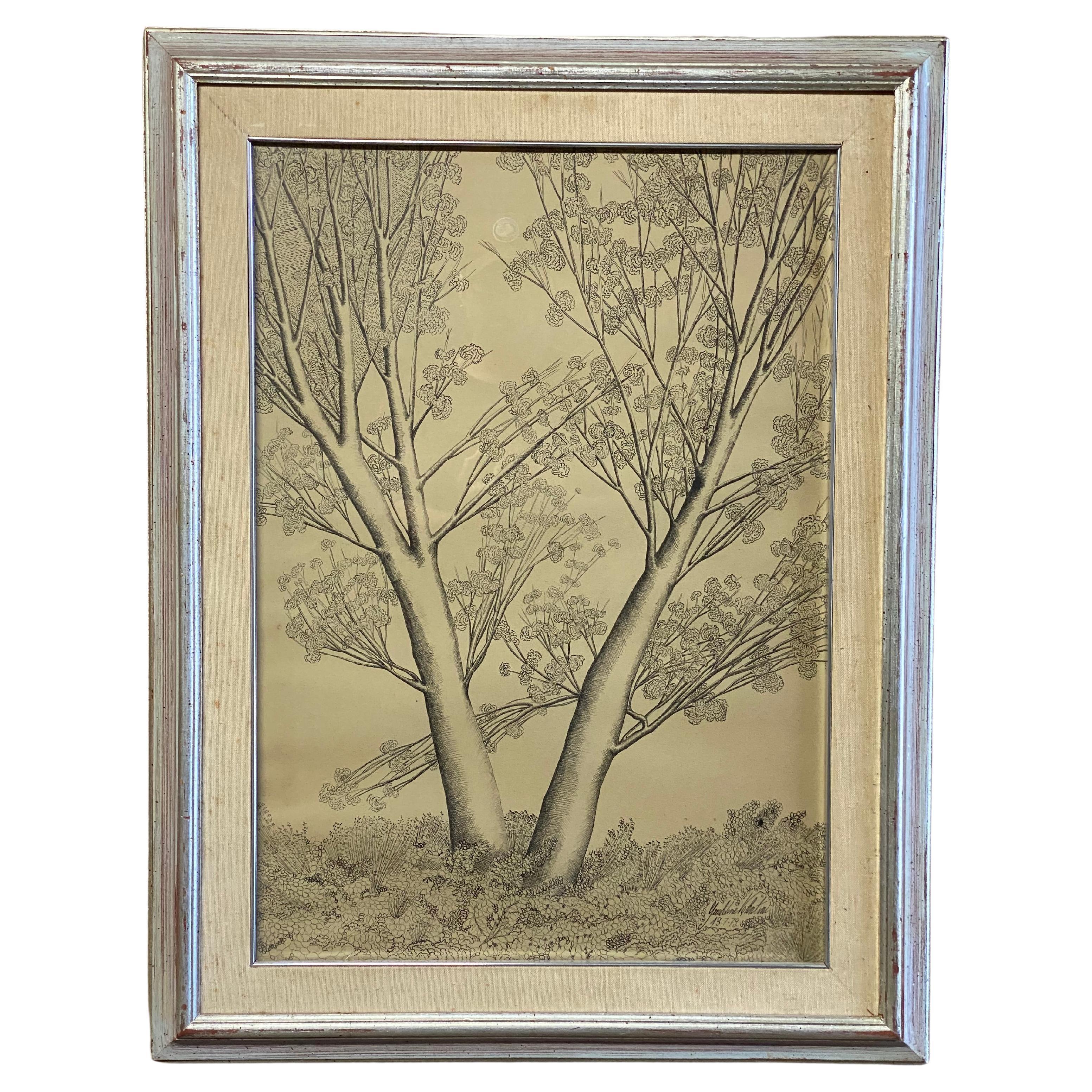 Post-Modern Pen and Ink Tree Illustration by Geraldine Valentini, 1979 For Sale