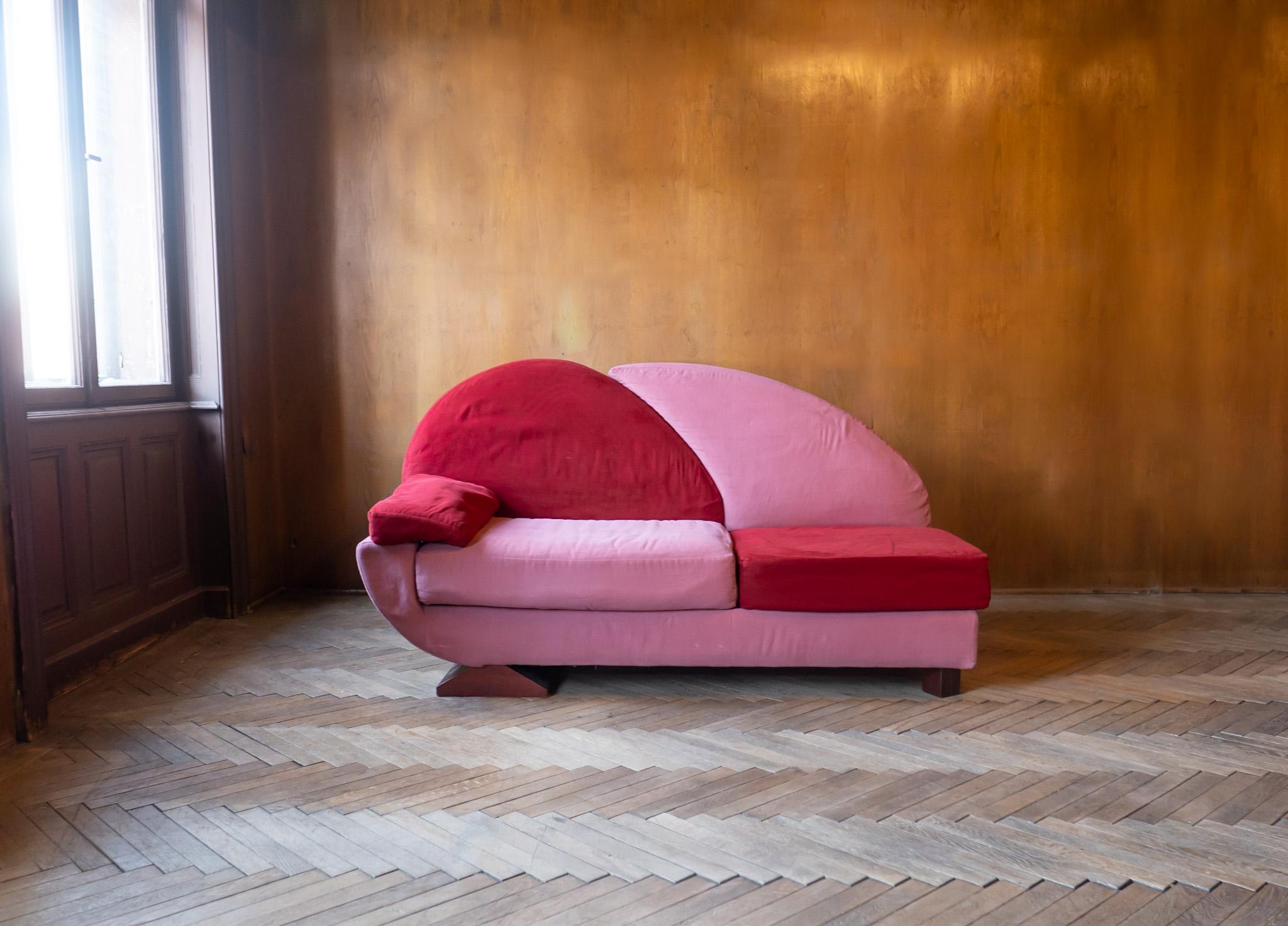 Late 20th Century Post-Modern Pink and Red Alcantara Sofas, Italy, 1980s For Sale