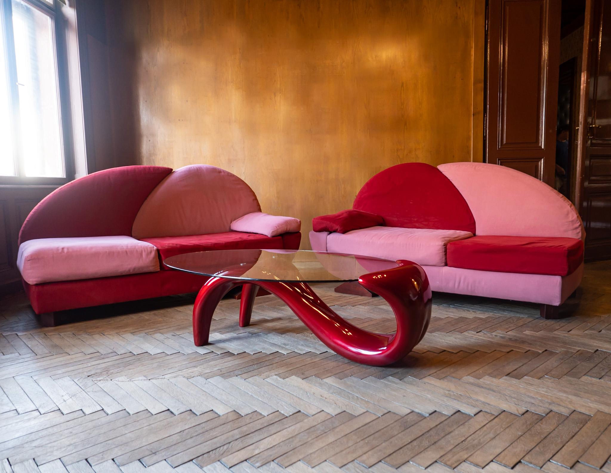 Textile Post-Modern Pink and Red Alcantara Sofas, Italy, 1980s For Sale