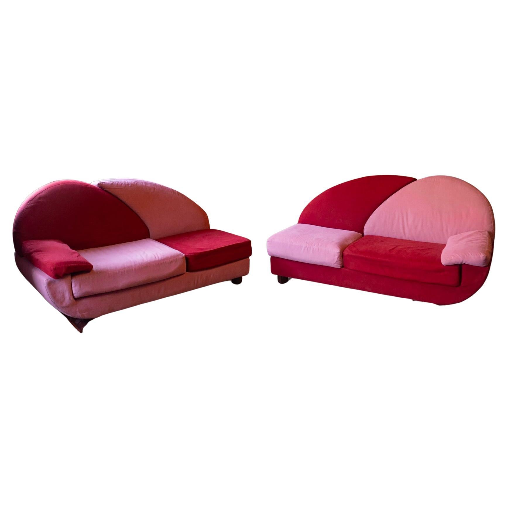 Post-Modern Pink and Red Alcantara Sofas, Italy, 1980s For Sale