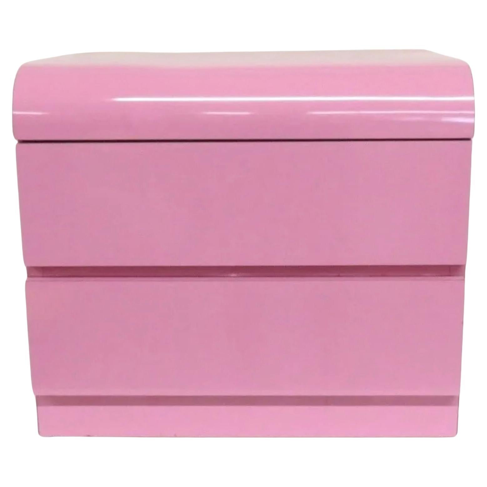Beautiful post modern bubblegum pink gloss laminate waterfall front 2 drawer nightstand, circa 1980. Very clean inside and out almost like new. Look at photos. Both drawers have metal glides with stops. Great for home, office, art studio/gallery or