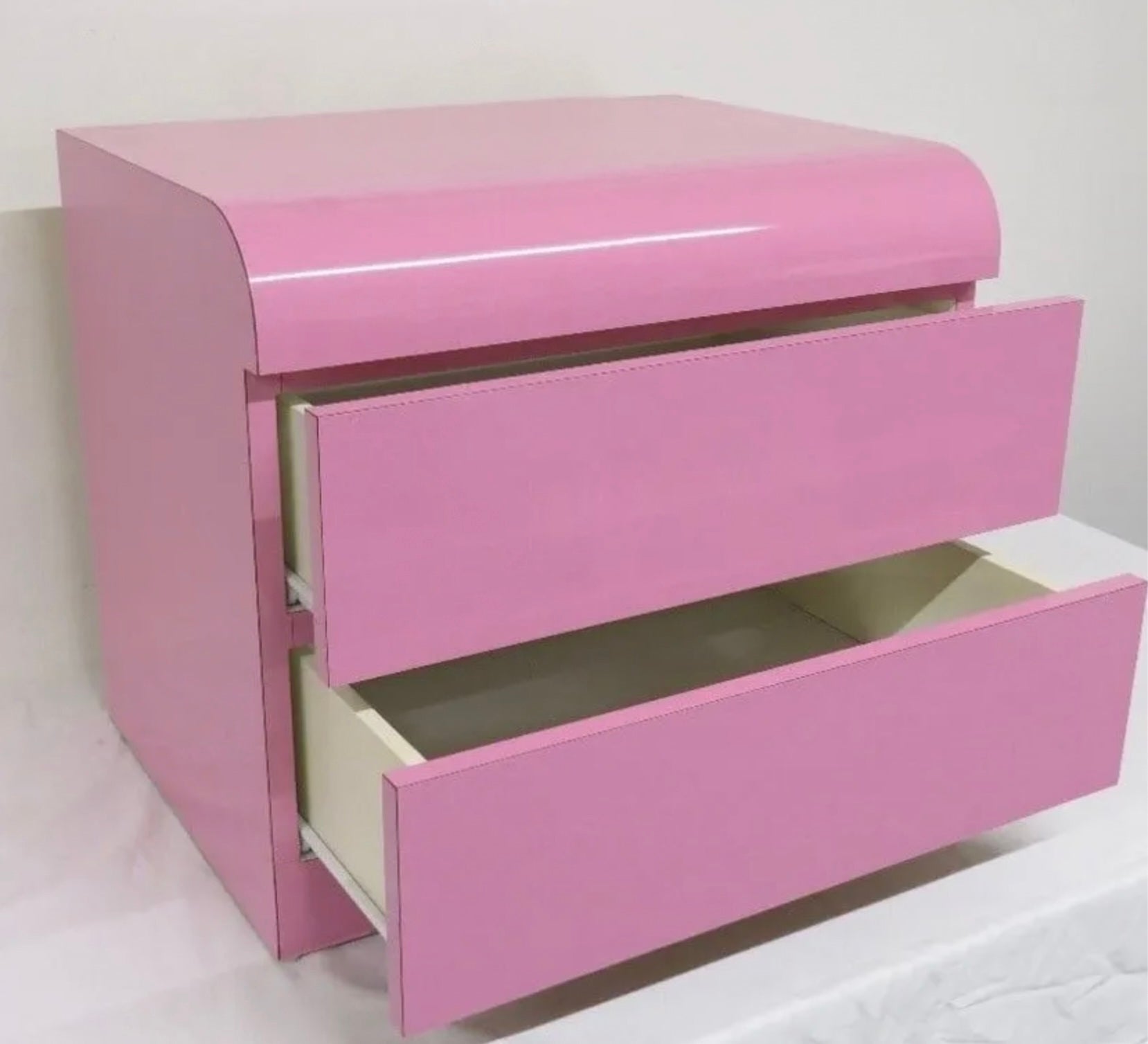American Post modern Pink Gloss Laminate waterfall 2 Drawer nightstand end table For Sale
