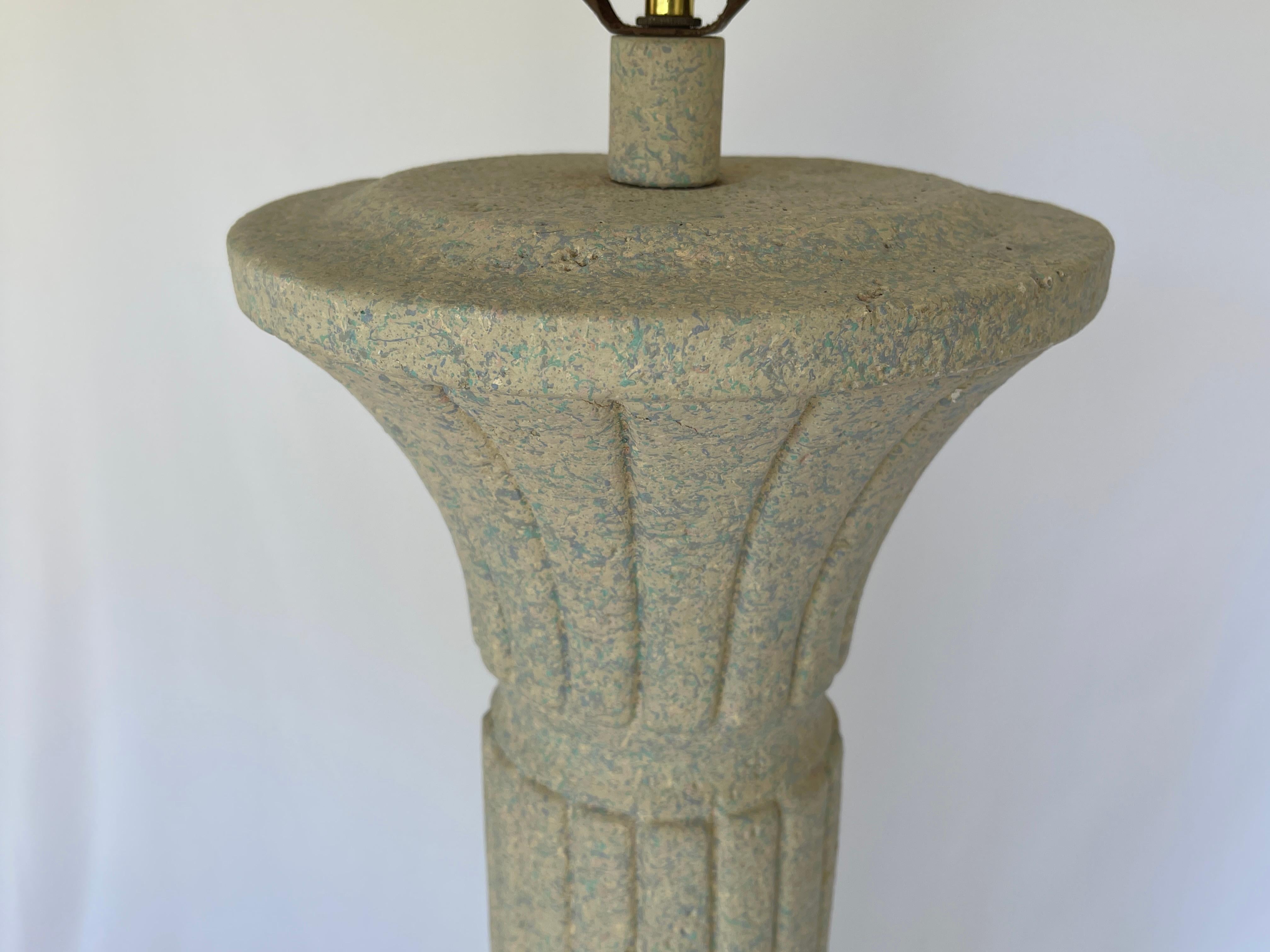 Classic Post Modern plaster circular column floor lamp with matching plaster sphere finial. Dated under side, Oct 1, 1993