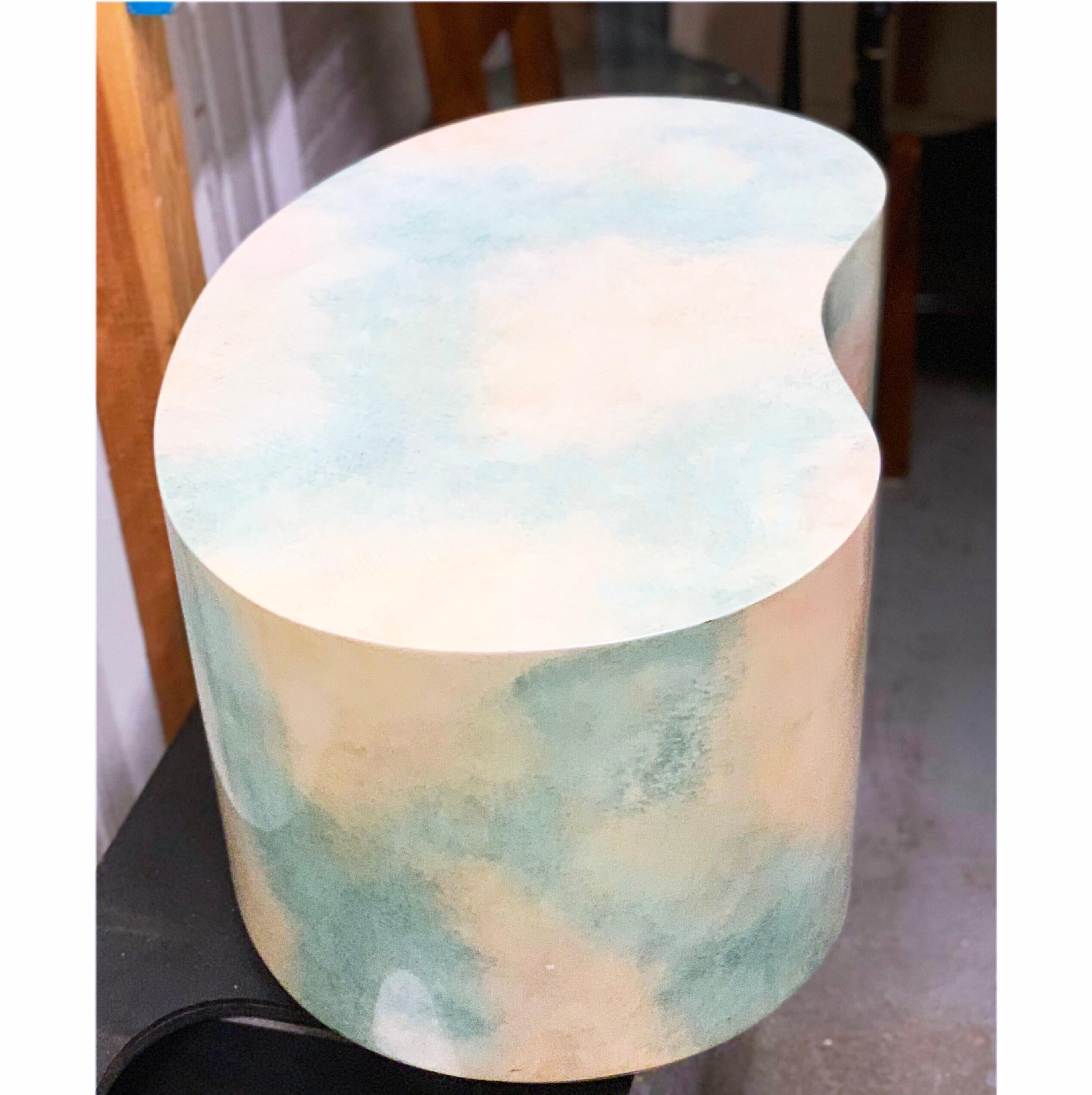 Gorgeous Postmodern Kidney Plinth end table with stunning Memphis Milano style sky / cloud scape finish.