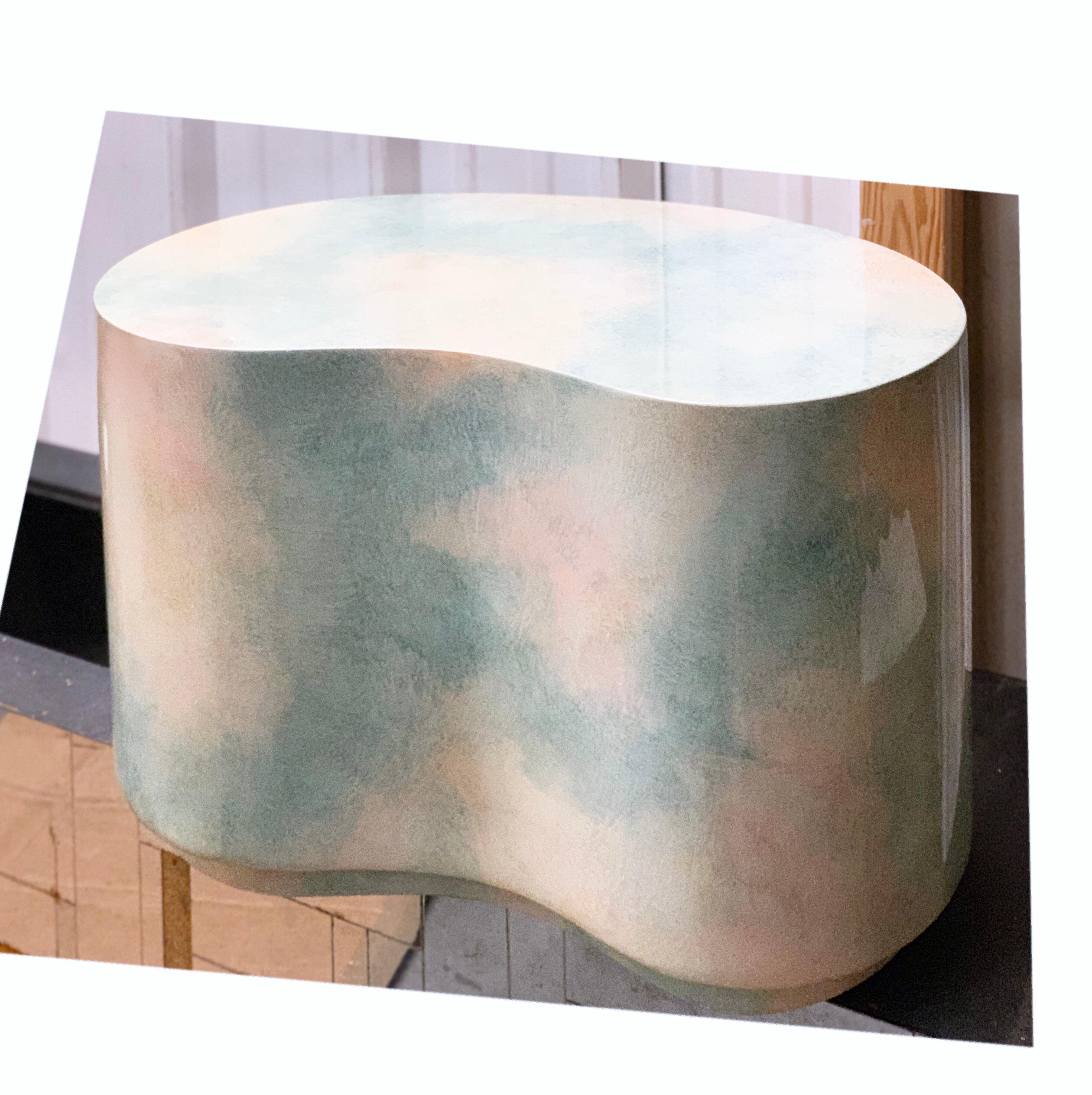 Postmodern Plaster Plinth Gloss Sky-Scape Kidney End Table Karl Springer Style In Good Condition In Brooklyn, NY