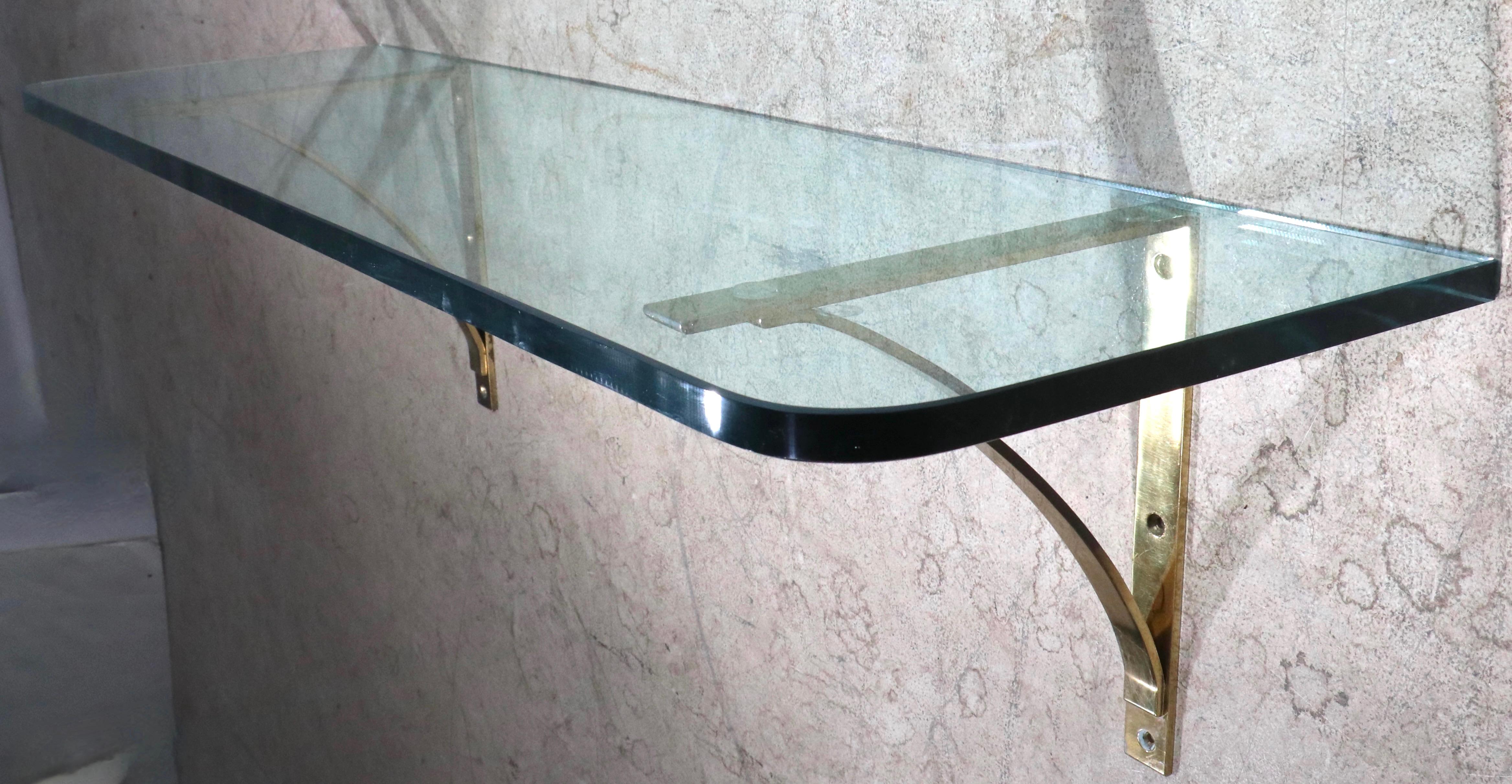 Post Modern Plate Glass and Brass Wall Mount Shelf, C. 1970's For Sale 4
