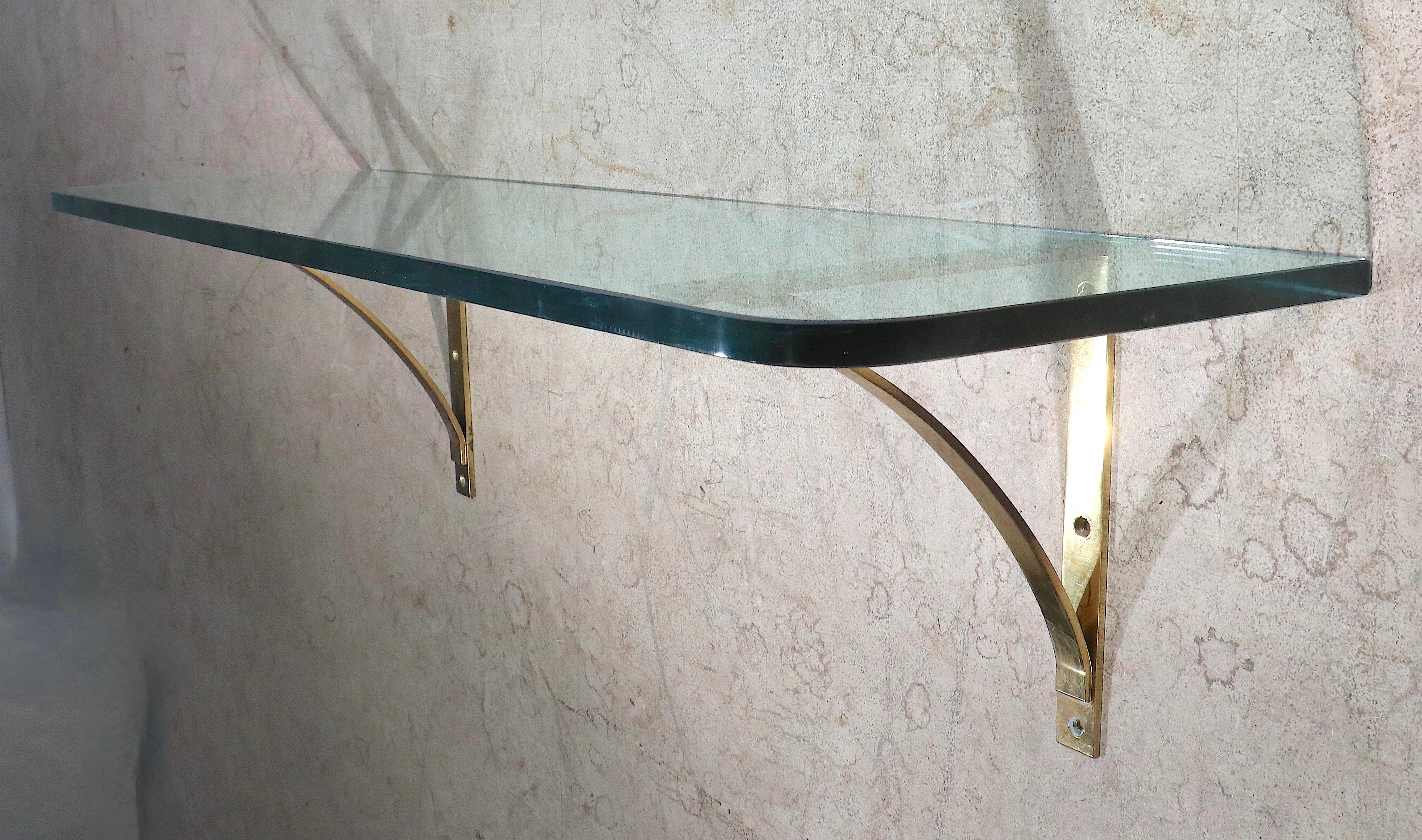 Post Modern Plate Glass and Brass Wall Mount Shelf, C. 1970's For Sale 5