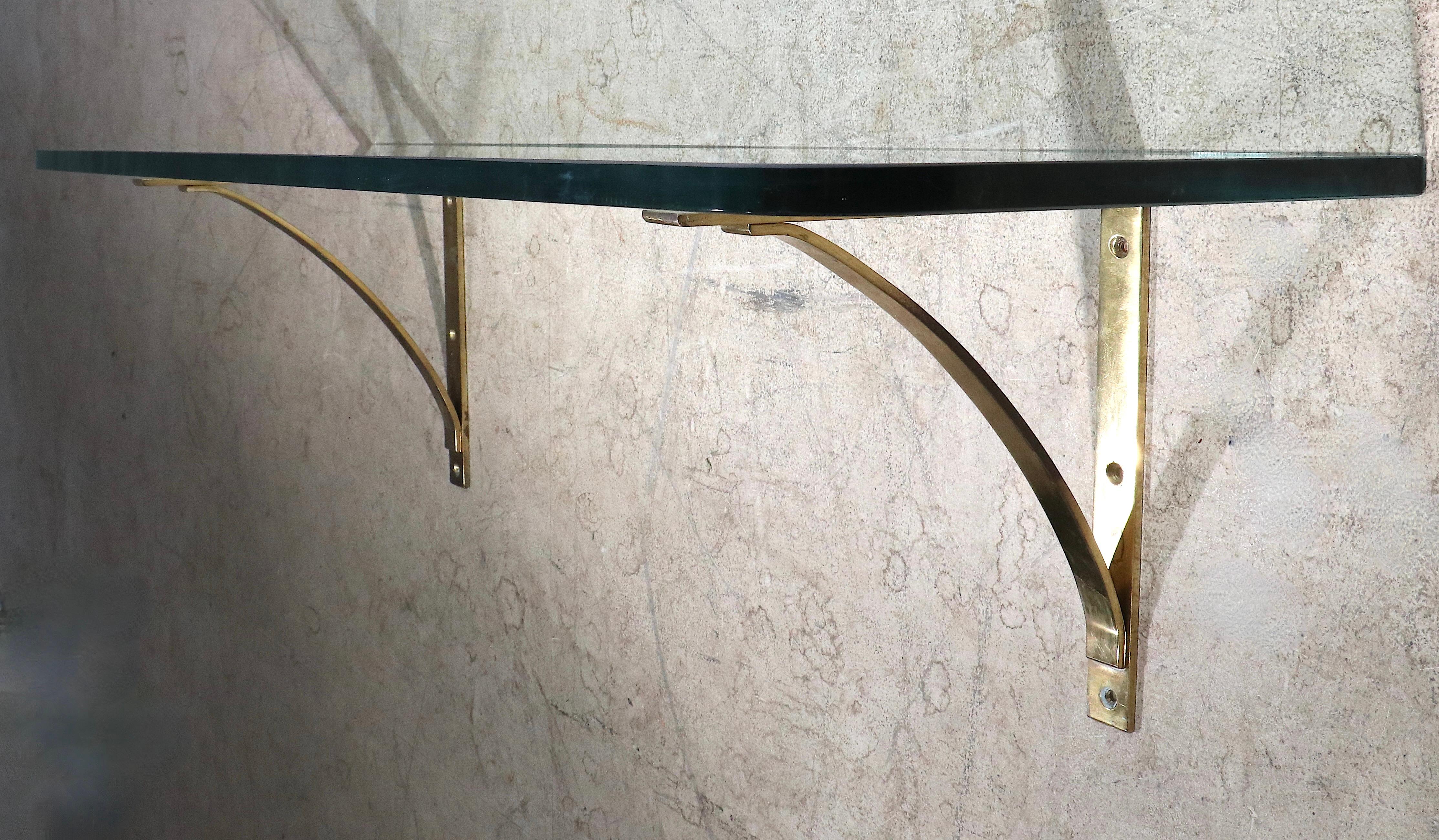 Post Modern Plate Glass and Brass Wall Mount Shelf, C. 1970's For Sale 6