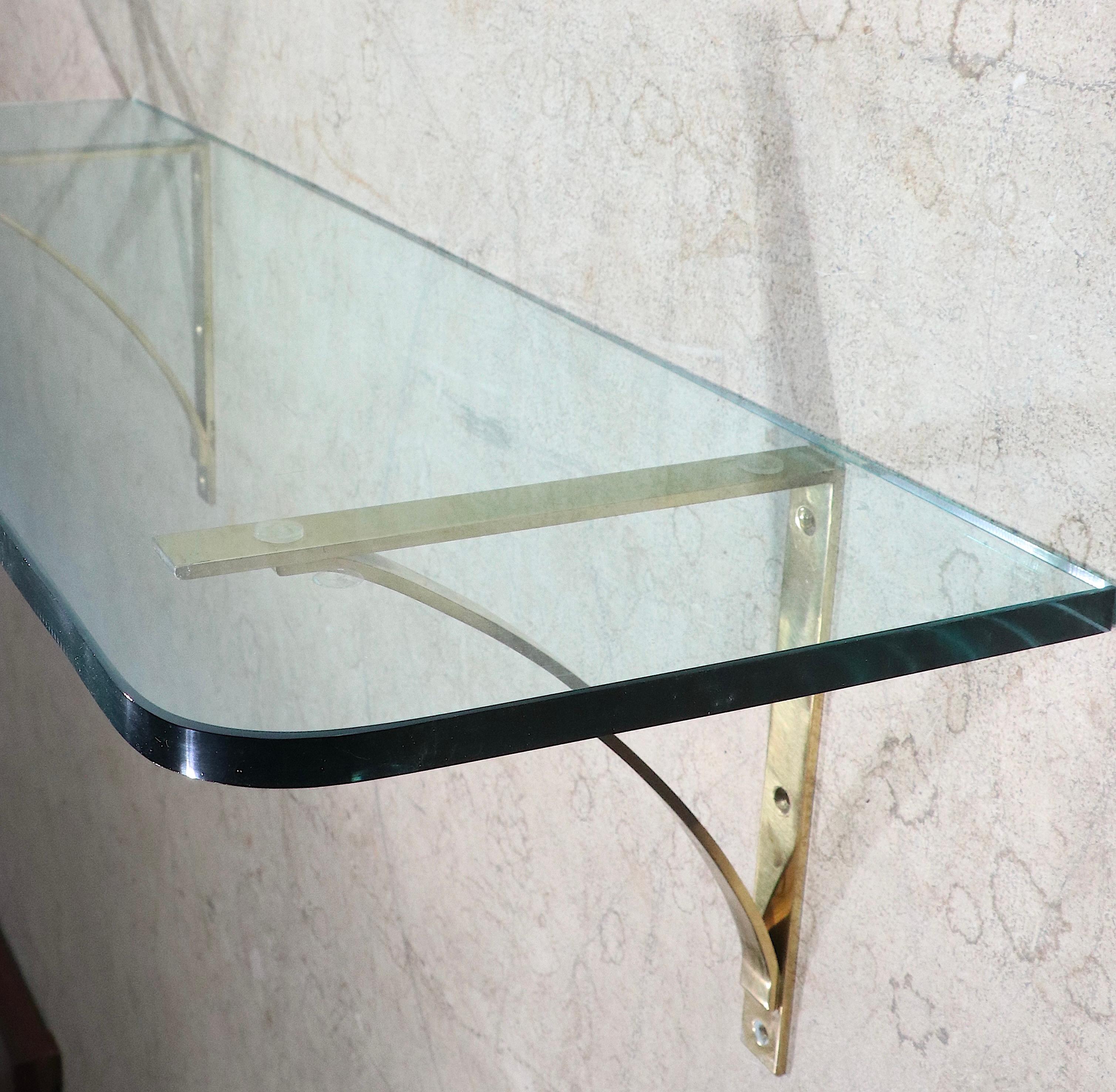 Post Modern Plate Glass and Brass Wall Mount Shelf, C. 1970's For Sale 7