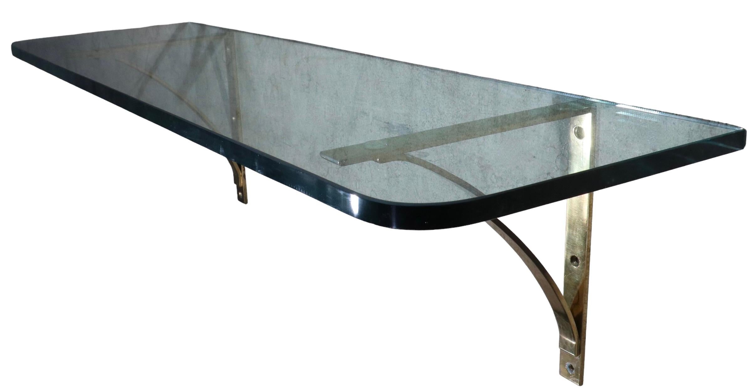 Post Modern Plate Glass and Brass Wall Mount Shelf, C. 1970's For Sale 10