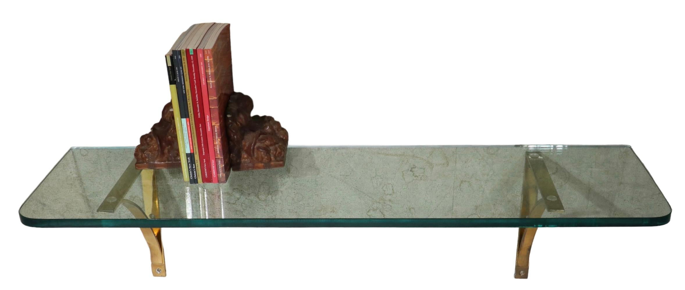 Post Modern Plate Glass and Brass Wall Mount Shelf, C. 1970's For Sale 11
