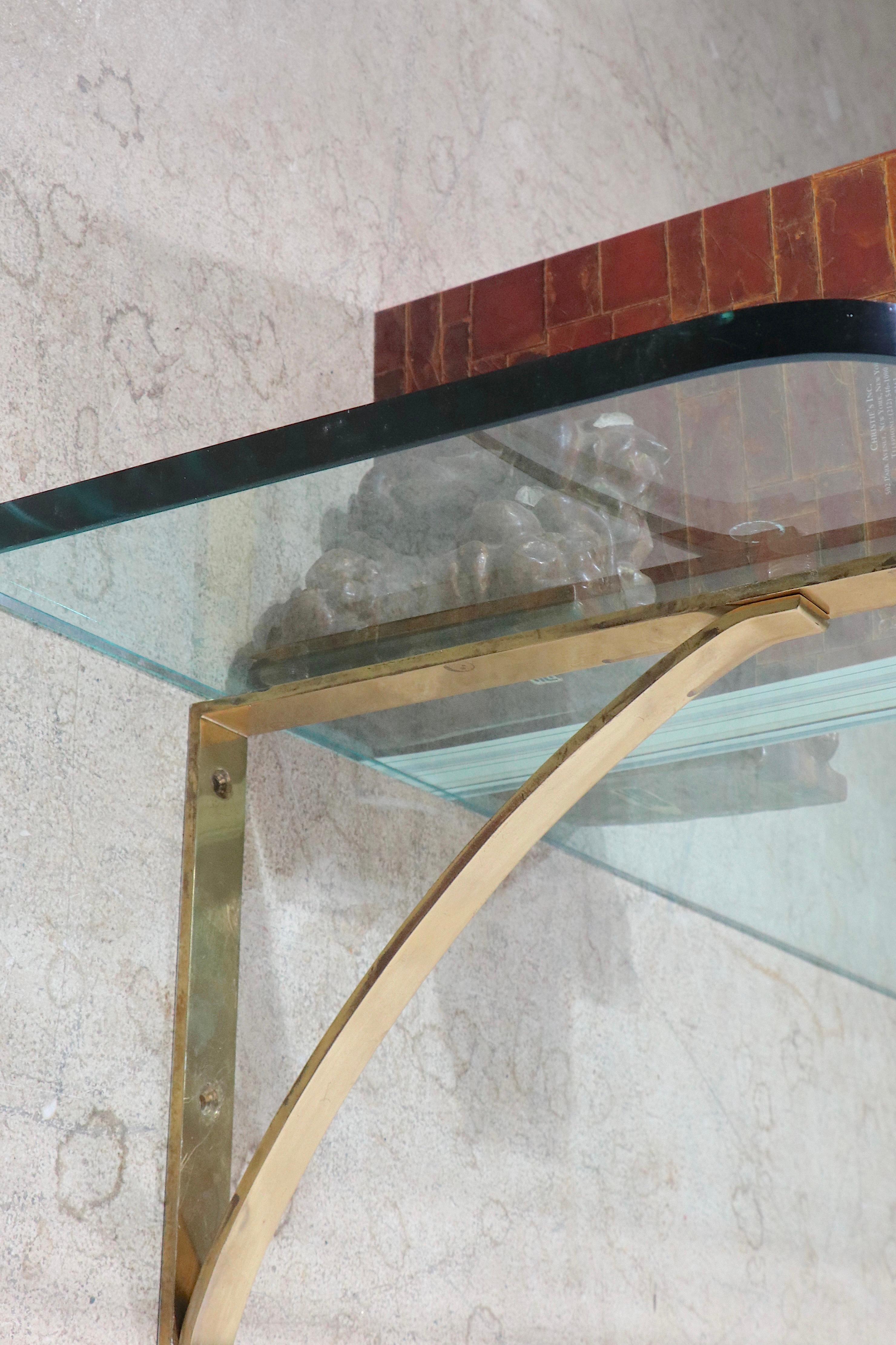 Post-Modern Post Modern Plate Glass and Brass Wall Mount Shelf, C. 1970's For Sale