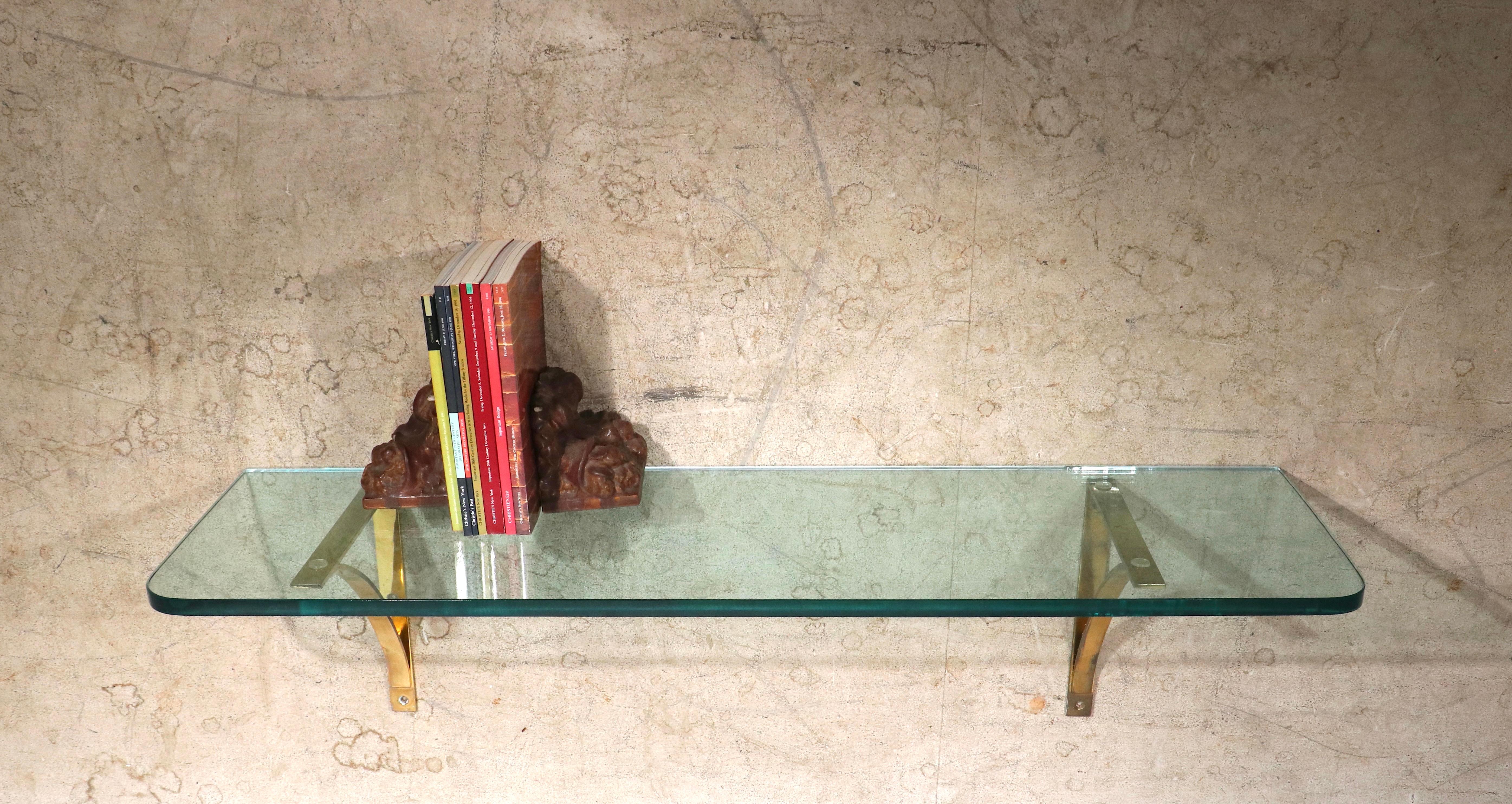 20th Century Post Modern Plate Glass and Brass Wall Mount Shelf, C. 1970's For Sale