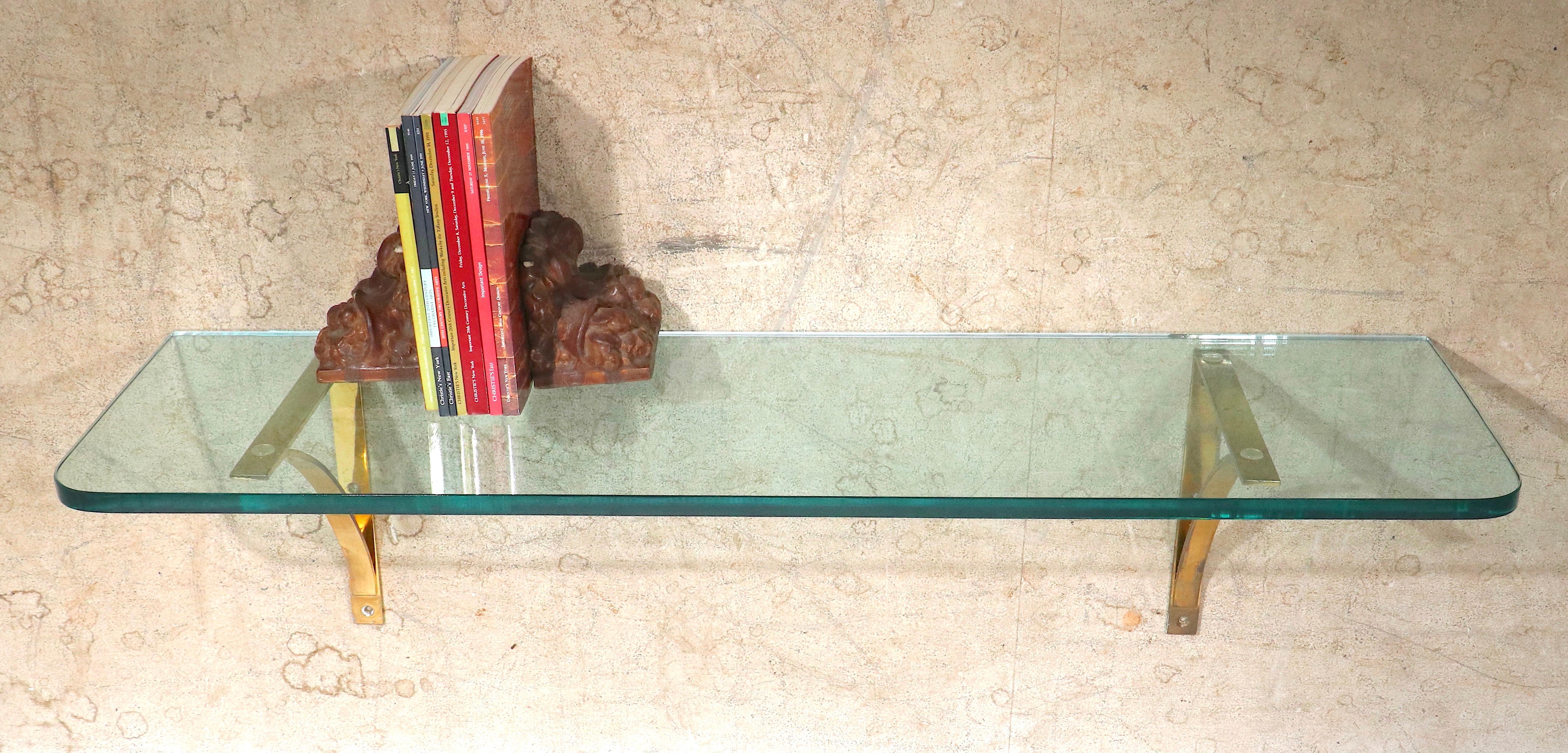 Post Modern Plate Glass and Brass Wall Mount Shelf, C. 1970's For Sale 1