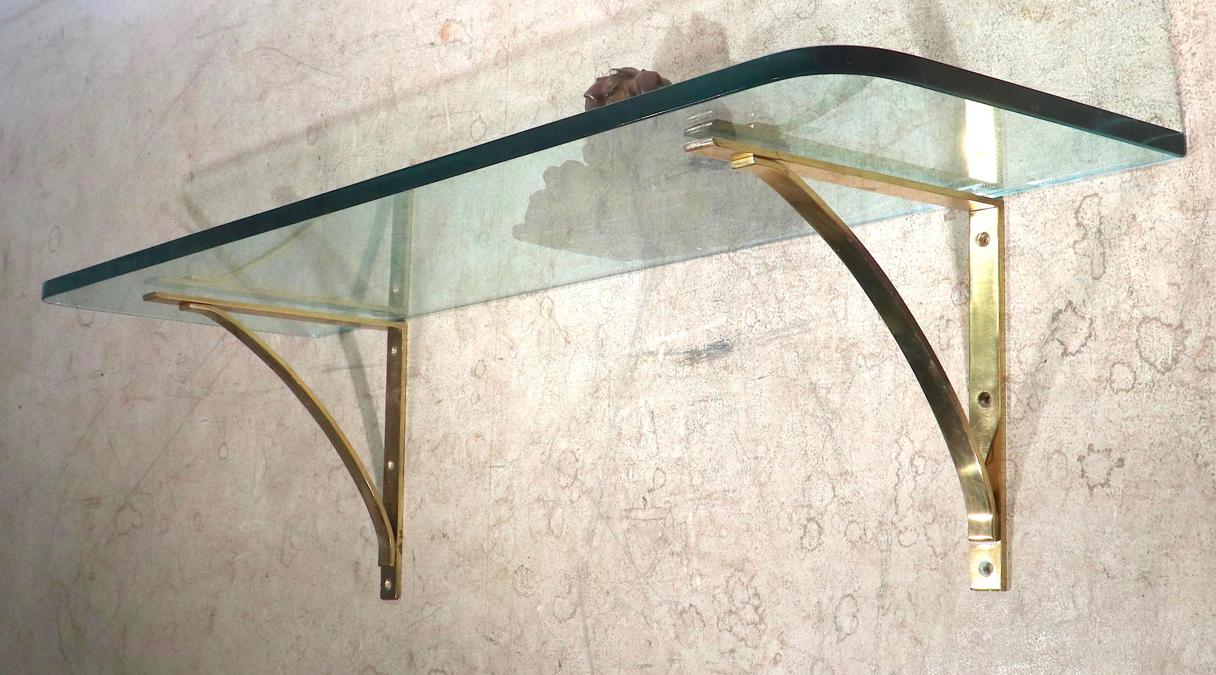 Post Modern Plate Glass and Brass Wall Mount Shelf, C. 1970's For Sale 2