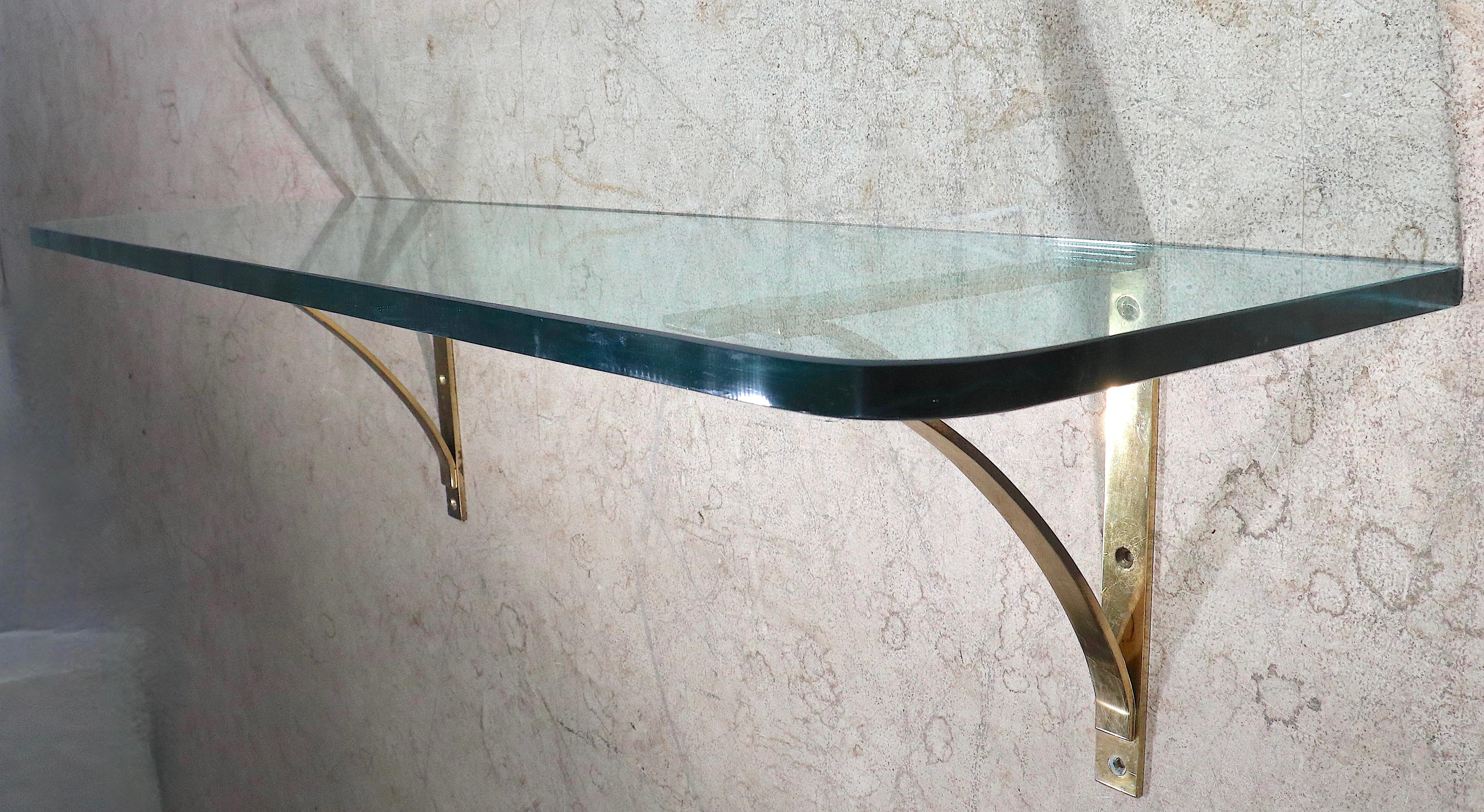 Post Modern Plate Glass and Brass Wall Mount Shelf, C. 1970's For Sale 3
