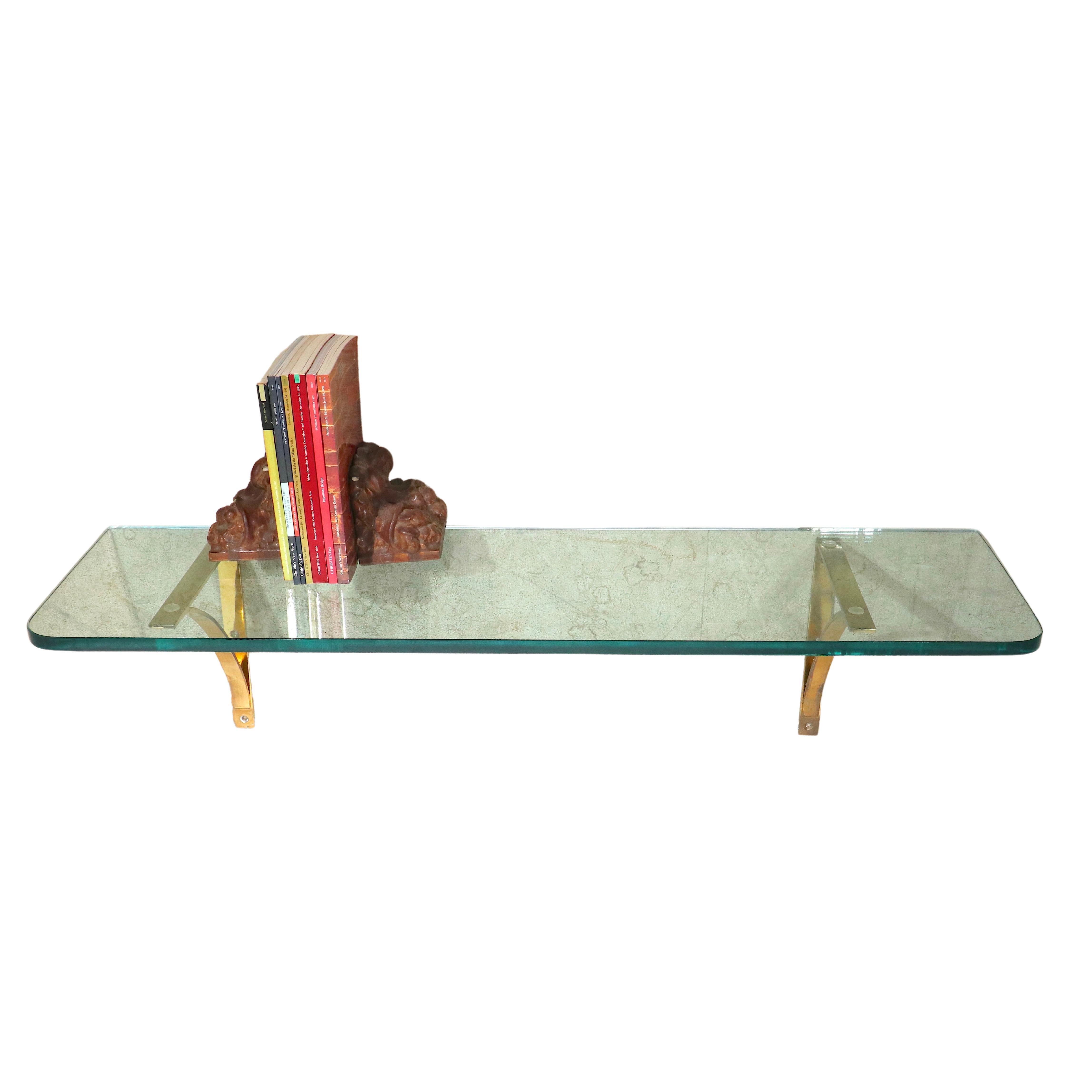 Post Modern Plate Glass and Brass Wall Mount Shelf, C. 1970's For Sale