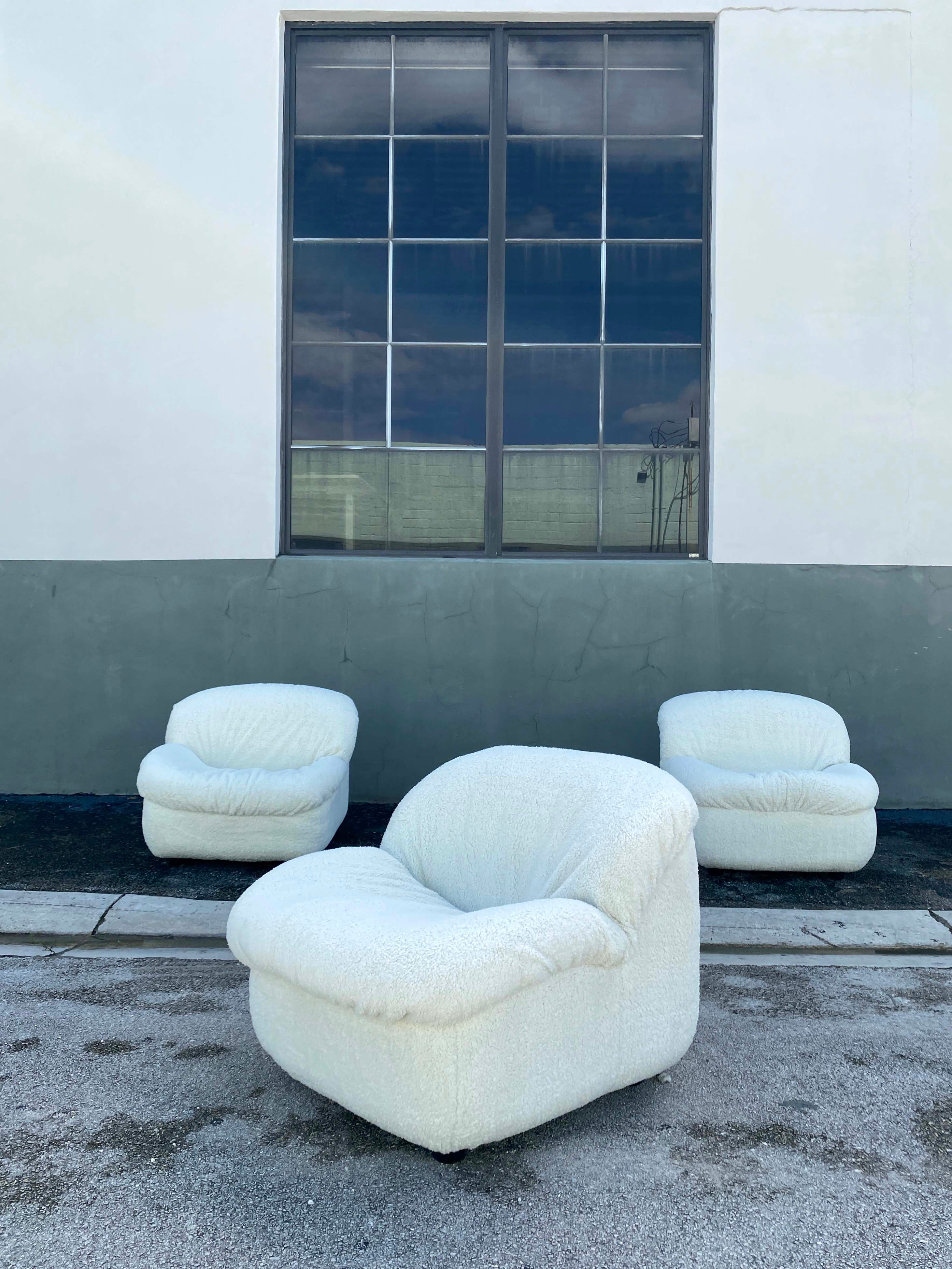 Chairs feature a comfortable and ergonomic overall structure with a foam wrapped frame. Recently reupholstered in an off white boucle.

Price is per chair. Would sell individual pieces.

Measures: 34”W x 37”D x 28.5”H x 14”Seat H.