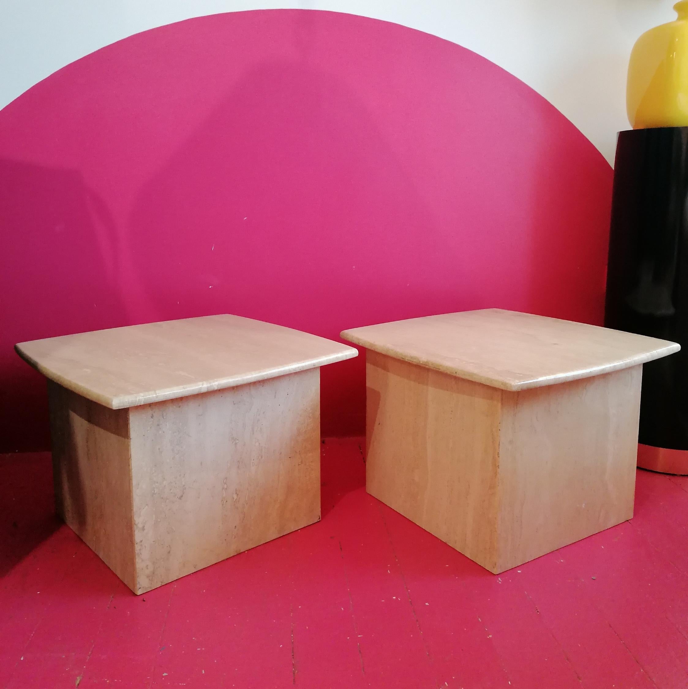 Post modern polished travertine side or end tables, USA 1980s, two available For Sale 11