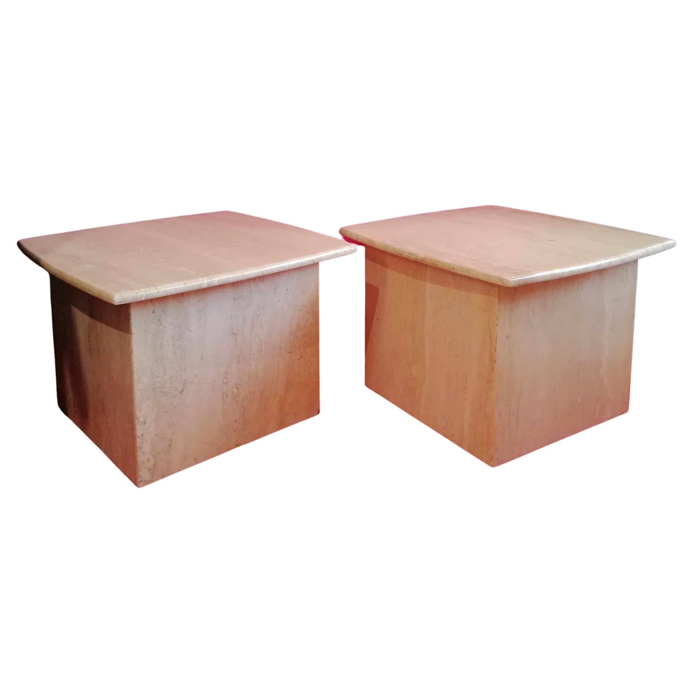 Simple and stylish postmodern polished travertine side or end tables, two available. Circa 1980s. The tops rest on the cube bases.

These will work in any interior setting.