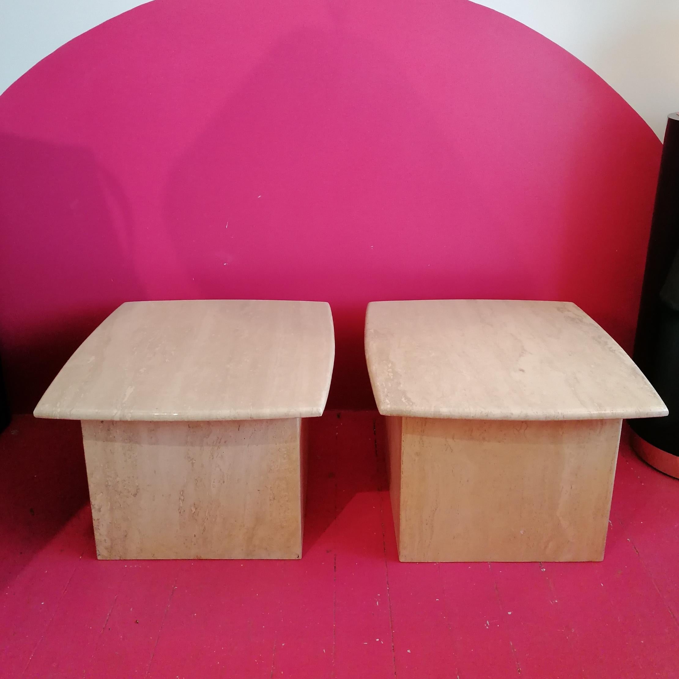 Post modern polished travertine side or end tables, USA 1980s, two available In Good Condition For Sale In Hastings, GB